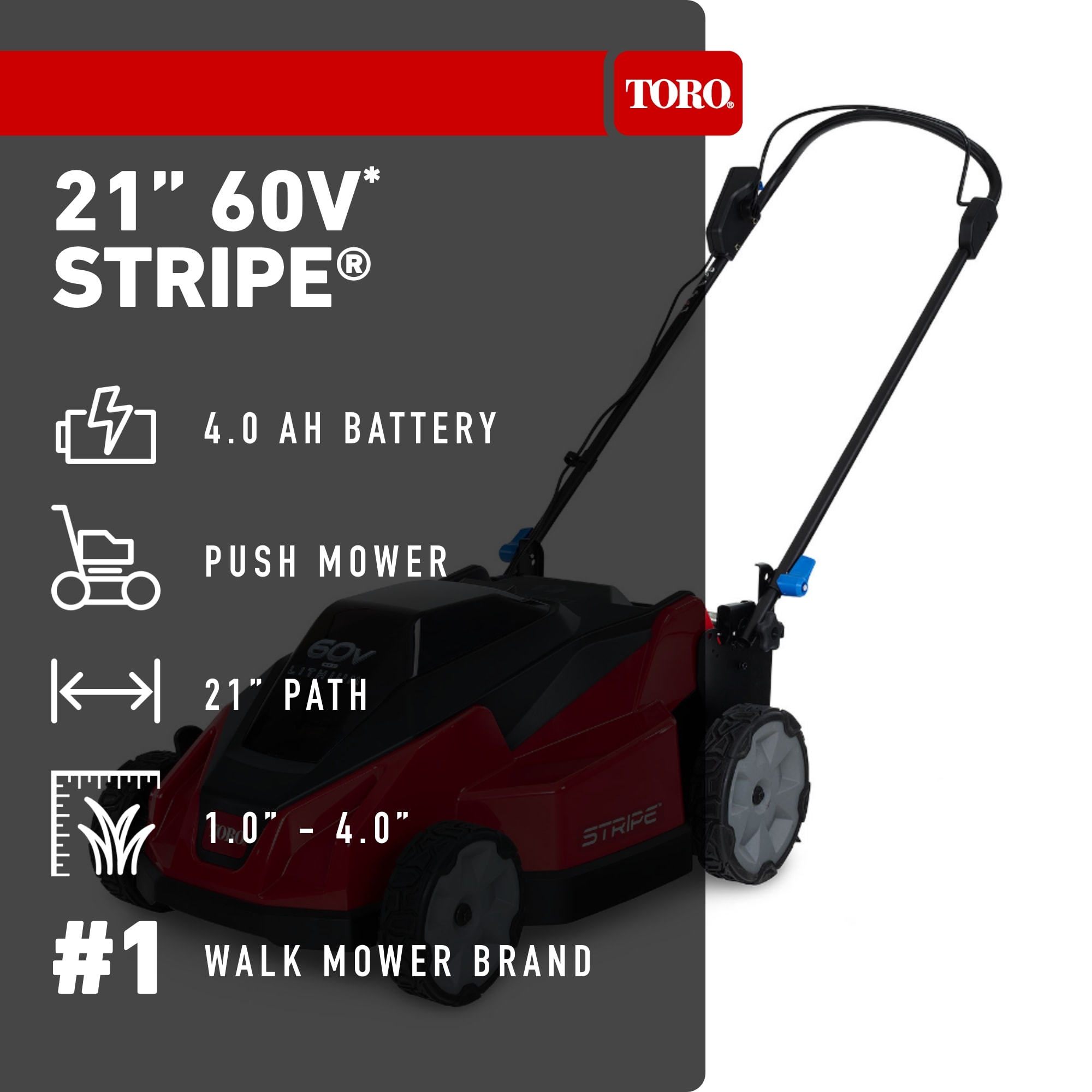 Toro Stripe 60-volt , ( 1 ) 4 Ah 21-in Push Battery Walk Mower , Bagger Included