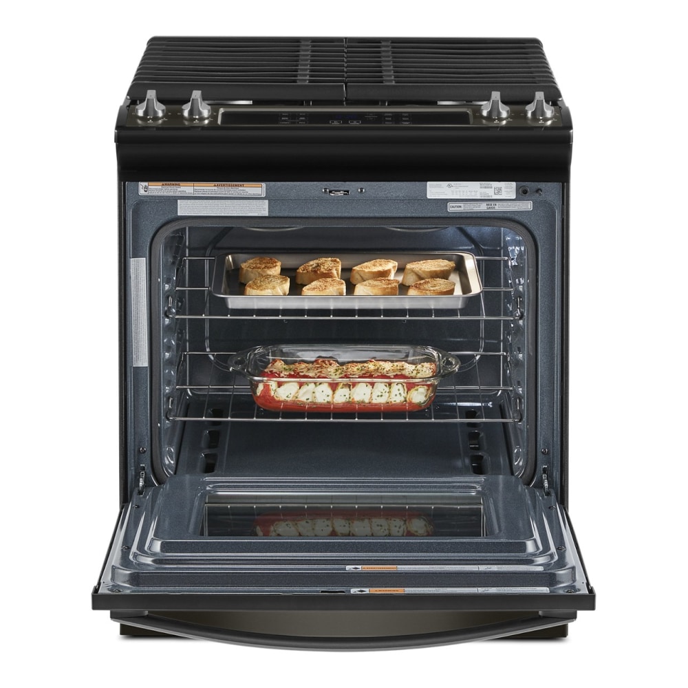 Whirlpool 30-in 4 burners 5-cu ft Slide-In Natural Gas Range ( Fingerprint Resistant Black Stainless Steel )