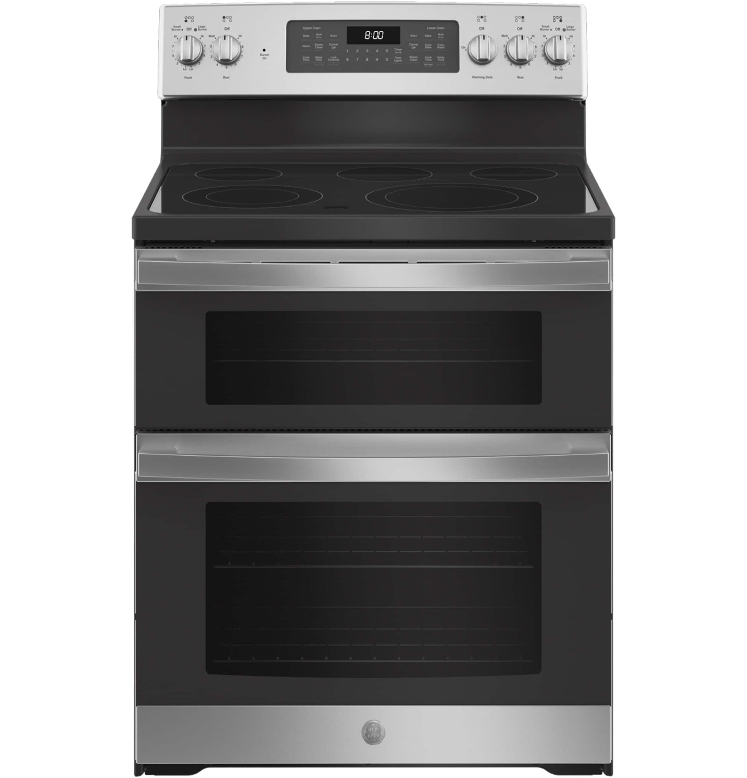 GE 30-in Glass Top 5 burners 4.4-cu ft / 2.2-cu ft Air Fry Convection Oven Freestanding Double Oven Electric Range ( Stainless Steel )