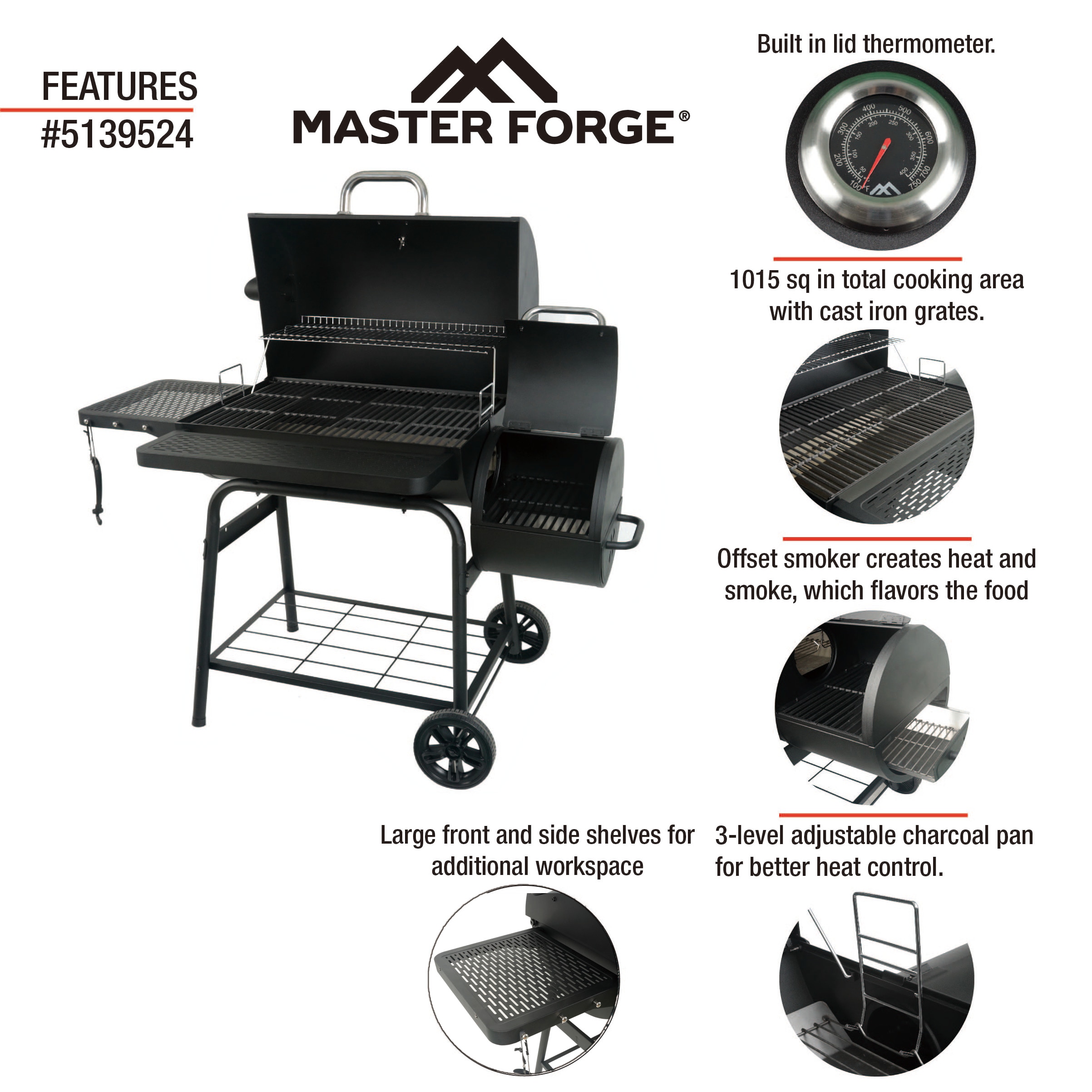 Master Forge 1010-Sq. in Black powder coated Horizontal Charcoal Smoker