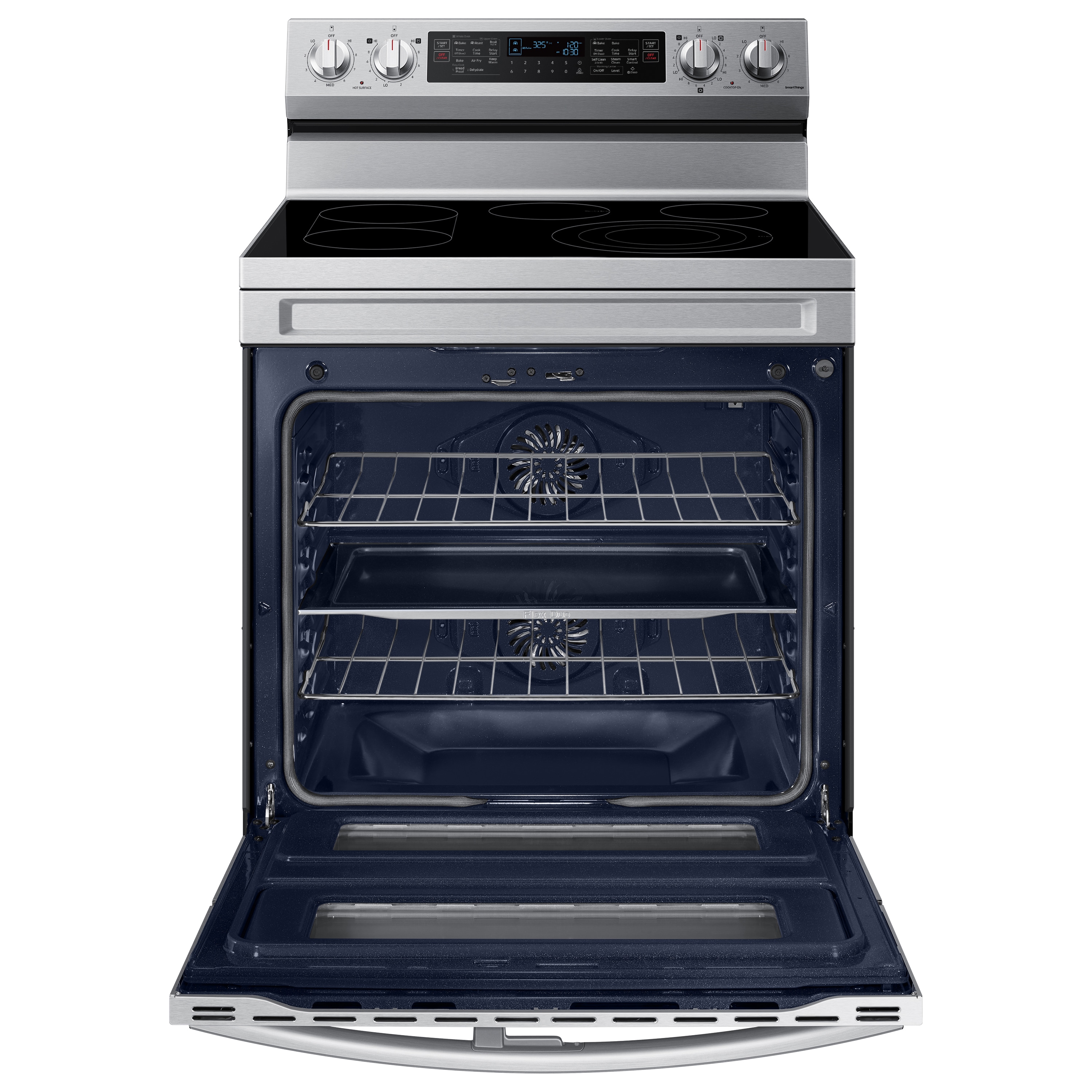 Samsung 30-in Glass Top 5 burners 3.4-cu ft / 2.7-cu ft Air Fry Convection Oven Freestanding Double Oven Electric Range ( Fingerprint Resistant Stainless Steel )