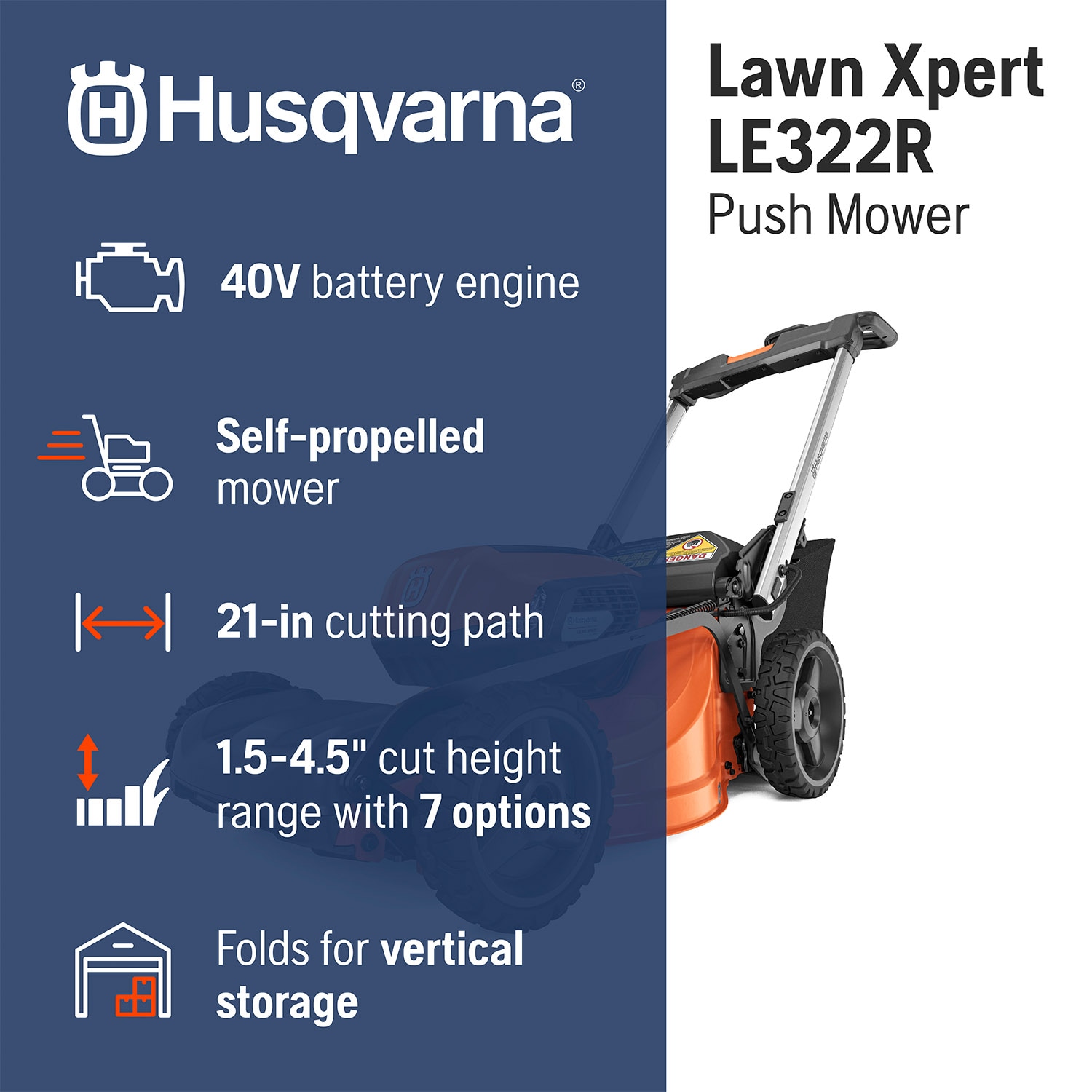 Husqvarna Lawn Xpert LE322R 40-volt, 21-in Self Propelled Battery Walk Mower (Battery and Charger not Included)
