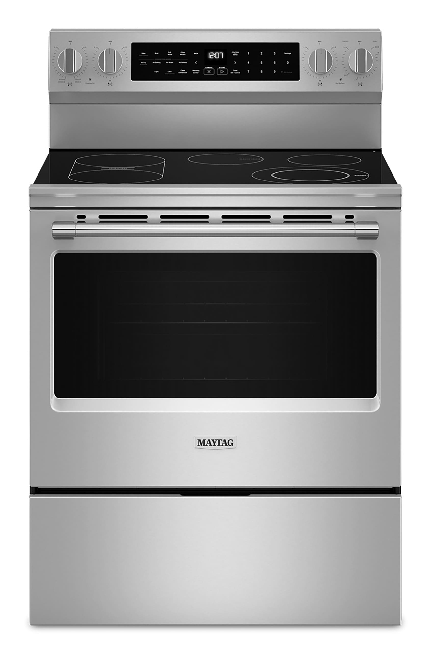 Maytag 30-in Glass Top 5 burners 5.3-cu ft Air Fry Convection Oven Freestanding Electric Range ( Stainless Steel )