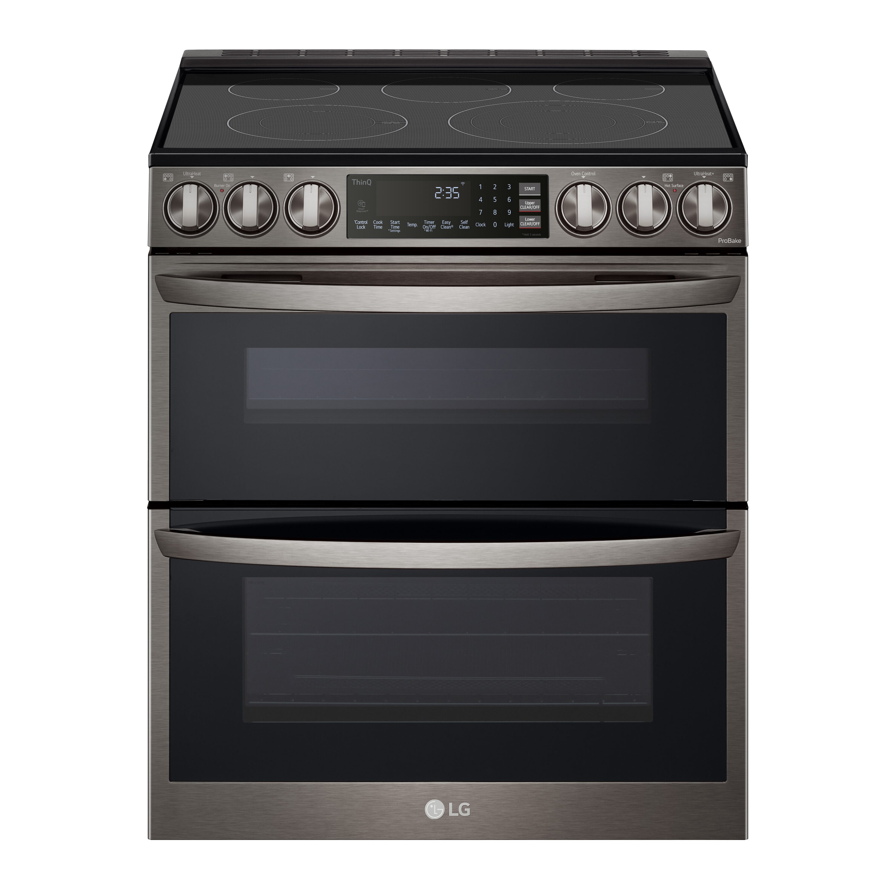 LG 30-in Glass Top 5 burners 4.3-cu ft / 3-cu ft Convection Oven Slide-In Double Oven Electric Range ( Black Stainless Steel )