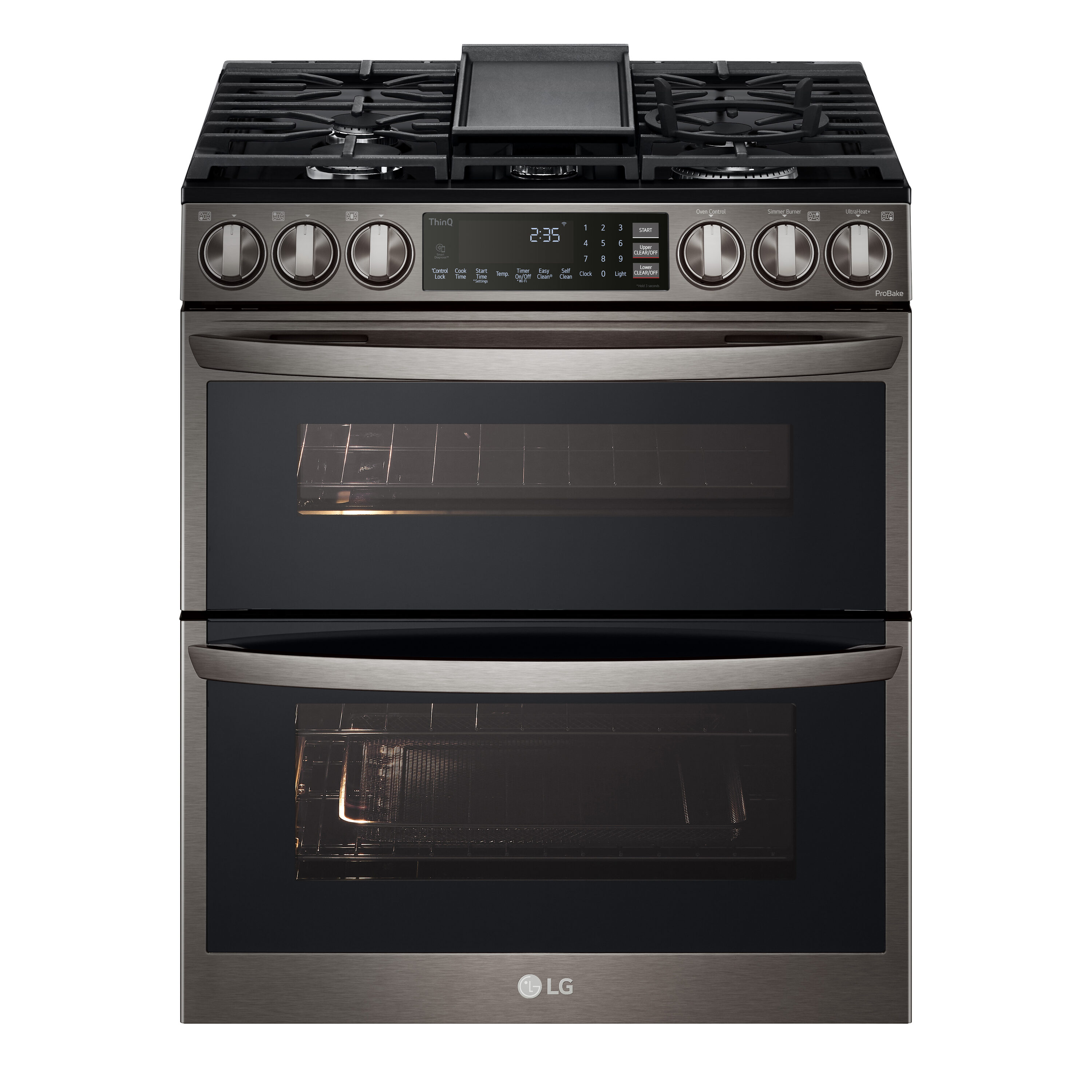 LG 30-in 5 burners 2.6-cu ft / 4.3-cu ft Air Fry Convection Oven Slide-In Double Oven Gas Range ( PrintProof Black Stainless Steel )