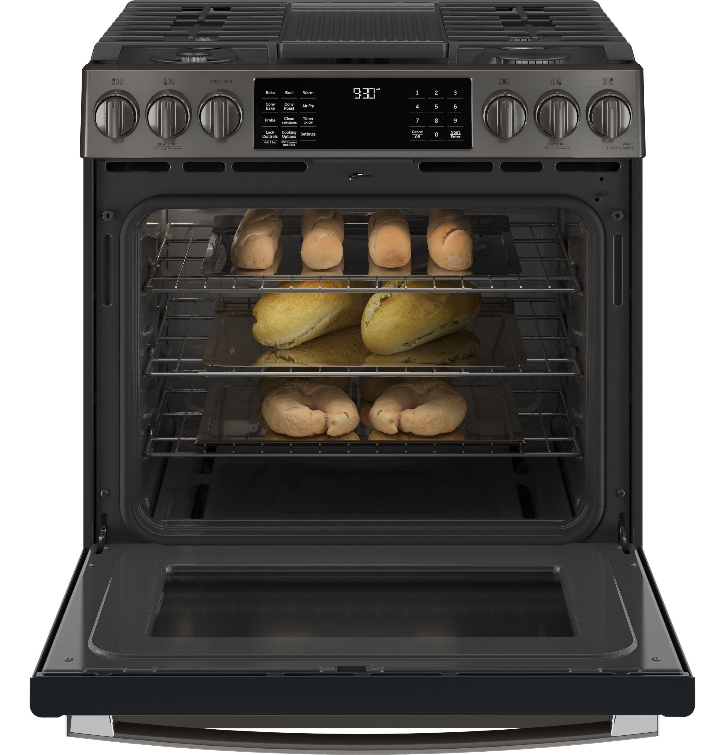 GE Profile 30-in 5 burners 5.6-cu ft Air Fry Convection Oven Slide-In Natural Gas Range ( Black Stainless )