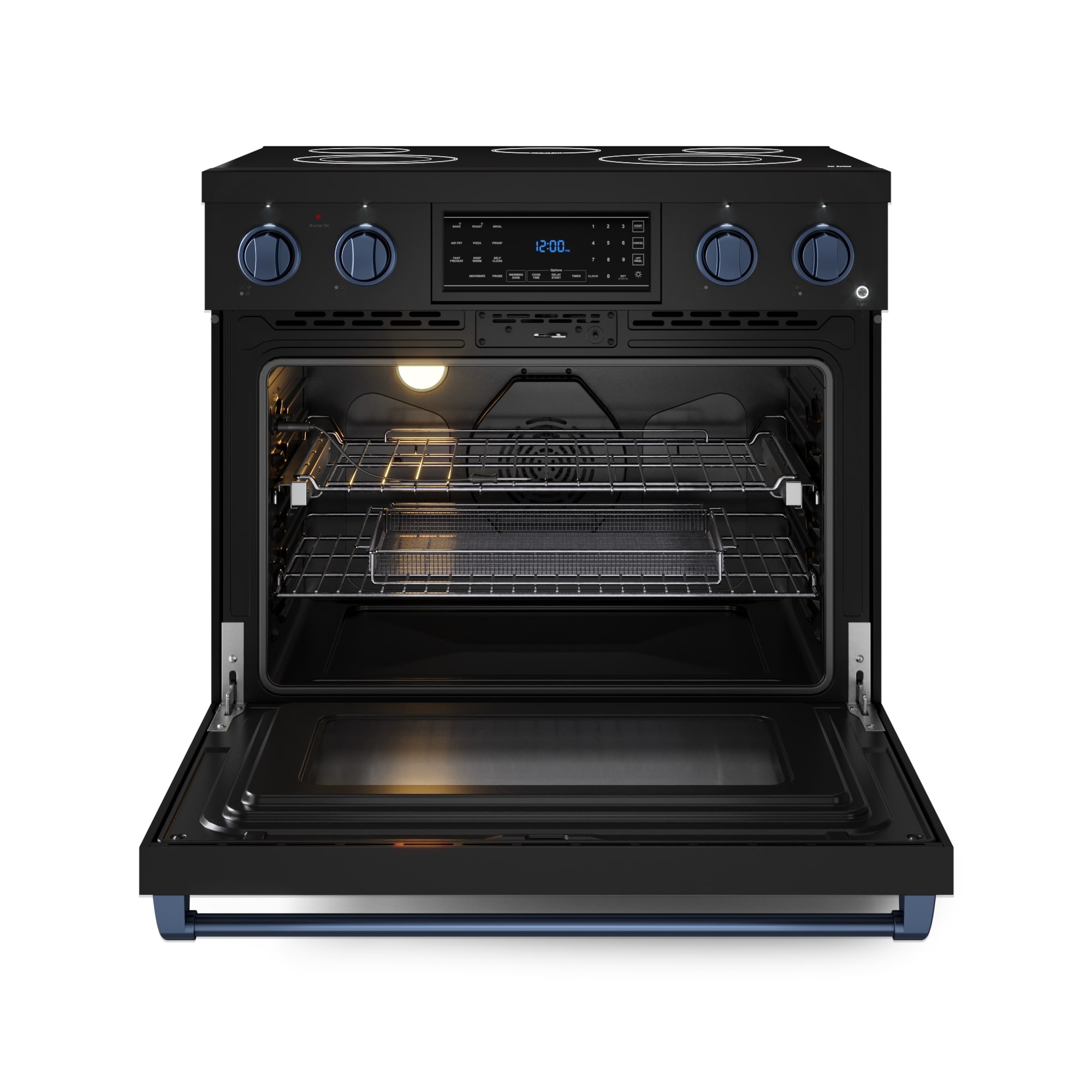 Thor Kitchen Gordon Ramsay Series 36-in Glass Top 5 burners 6-cu ft Air Fry Convection Oven Freestanding Electric Range ( Matte Black with Navy Blue Accents )