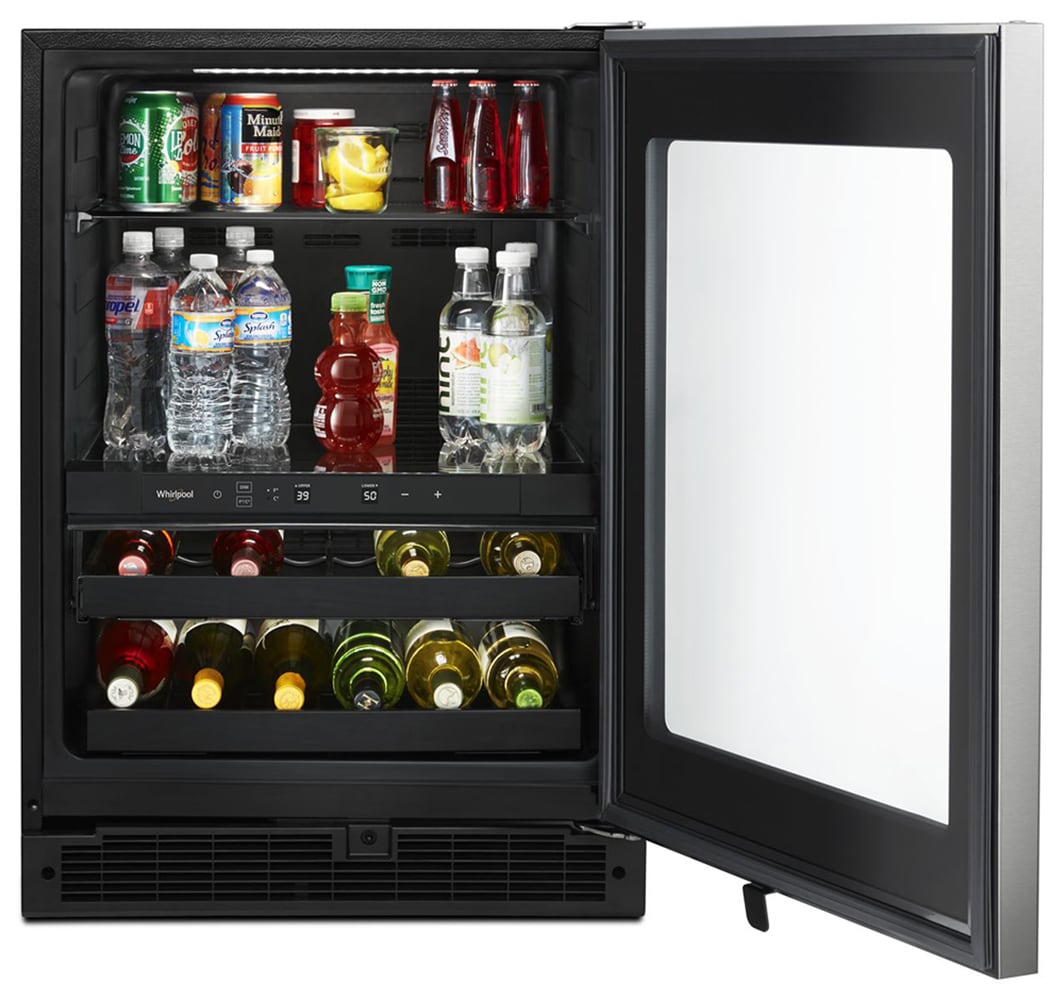 Whirlpool 23.93-in W 14 -Can Capacity Fingerprint Resistant Stainless Steel Built-in/Freestanding Indoor Beverage Refrigerator with Glass Door