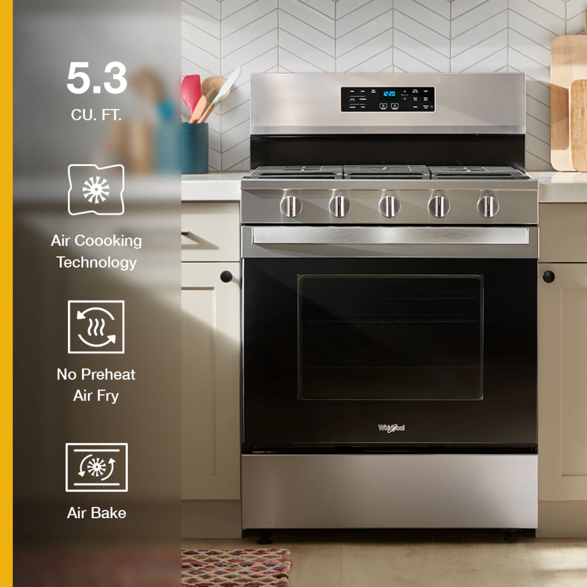 Whirlpool Air Cooking Technology 30-in 5 burners 5-cu ft Air Fry Convection Oven Freestanding Natural Gas Range ( Fingerprint Stainless Steel )