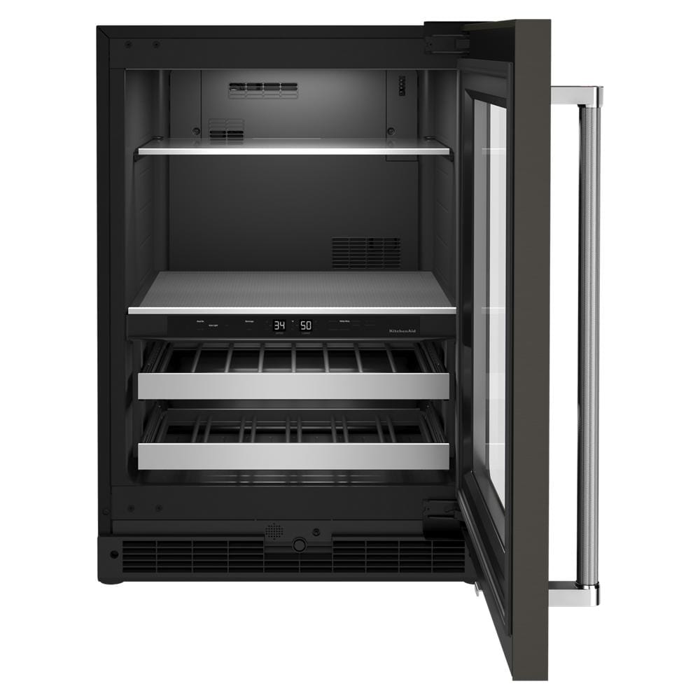 KitchenAid 23.88-in W 14 -Can Capacity Black Stainless Steel with PRINTSHIELD Finish Built-in Indoor Beverage Refrigerator with Glass Door