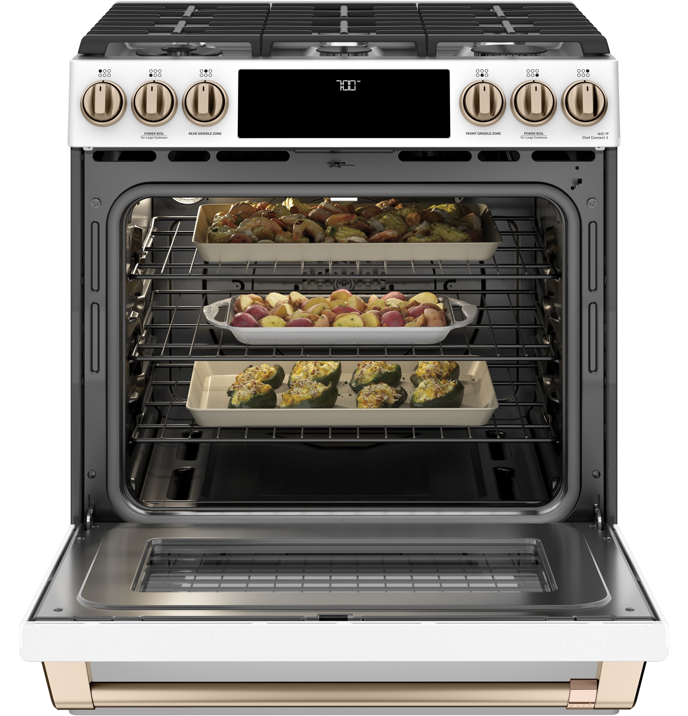 Cafe 30-in 6 burners 5.6-cu ft Air Fry Convection Oven Slide-In Natural Gas Range ( Matte White )