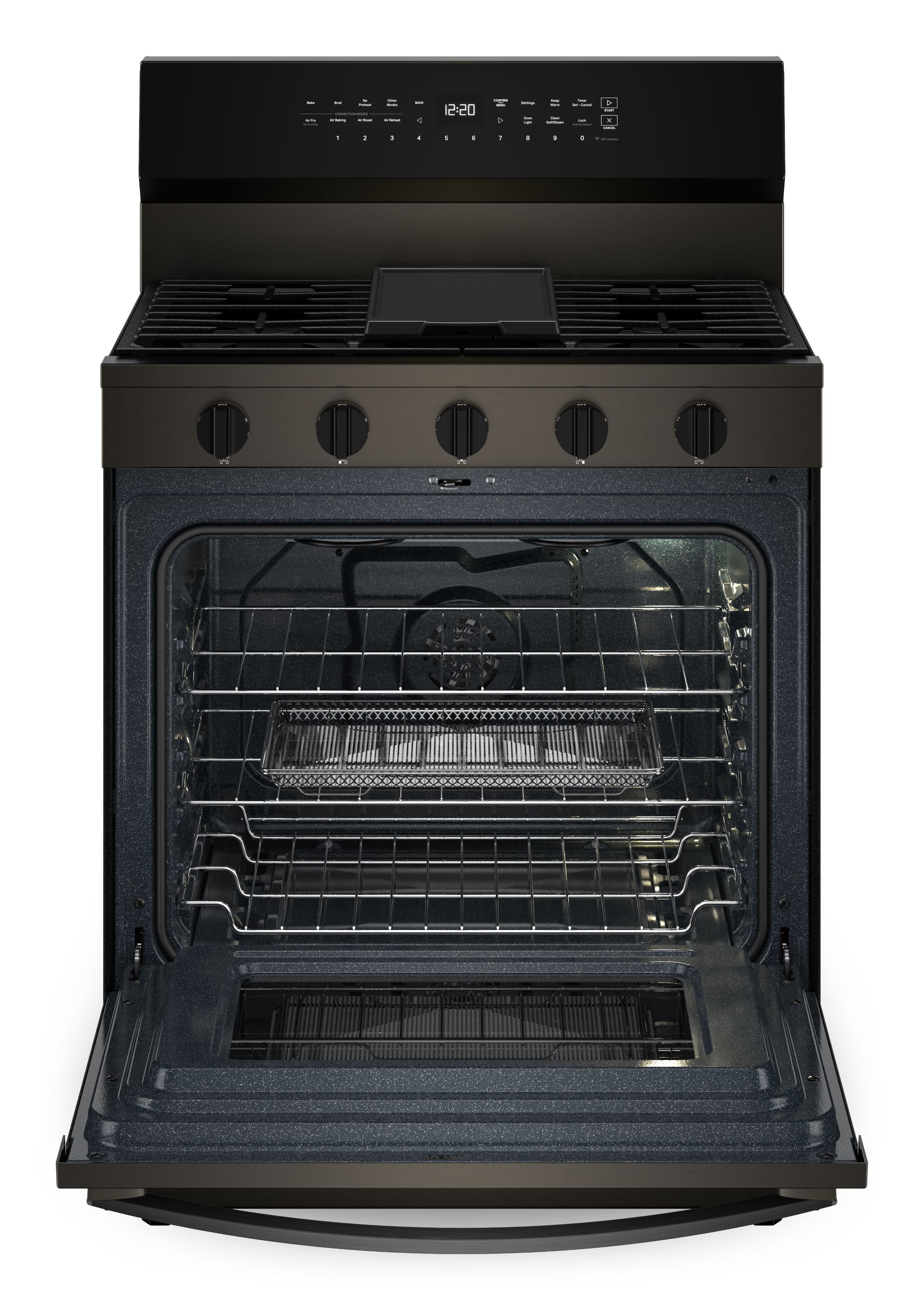 Whirlpool High Speed Preheat 30-in 5 burners 5-cu ft Air Fry Convection Oven Freestanding Natural Gas Range ( Black Stainless Steel )