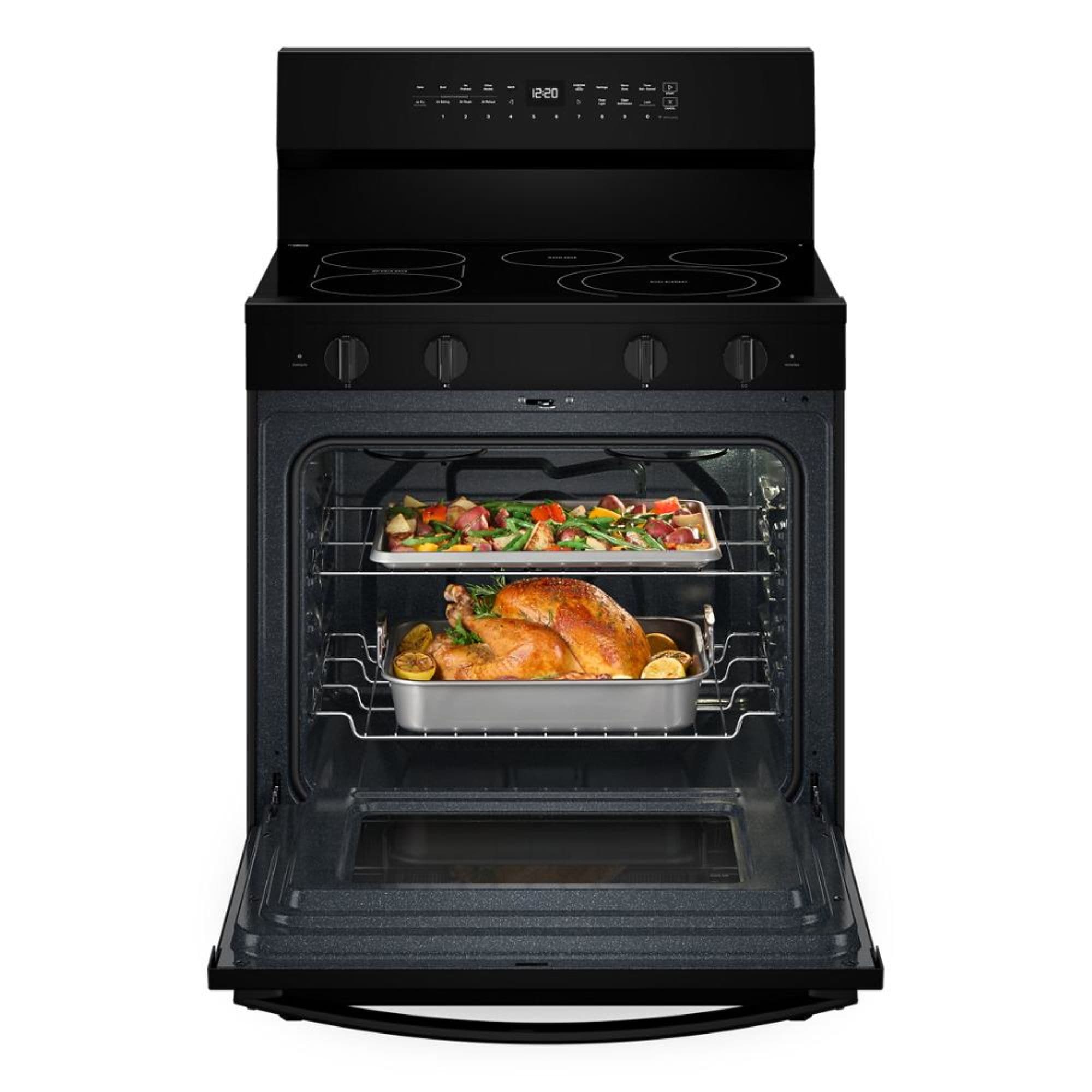 Whirlpool High Speed Preheat 30-in Glass Top 5 burners 5.3-cu ft Convection Oven Freestanding Electric Range with WipeClean Coating ( Black )