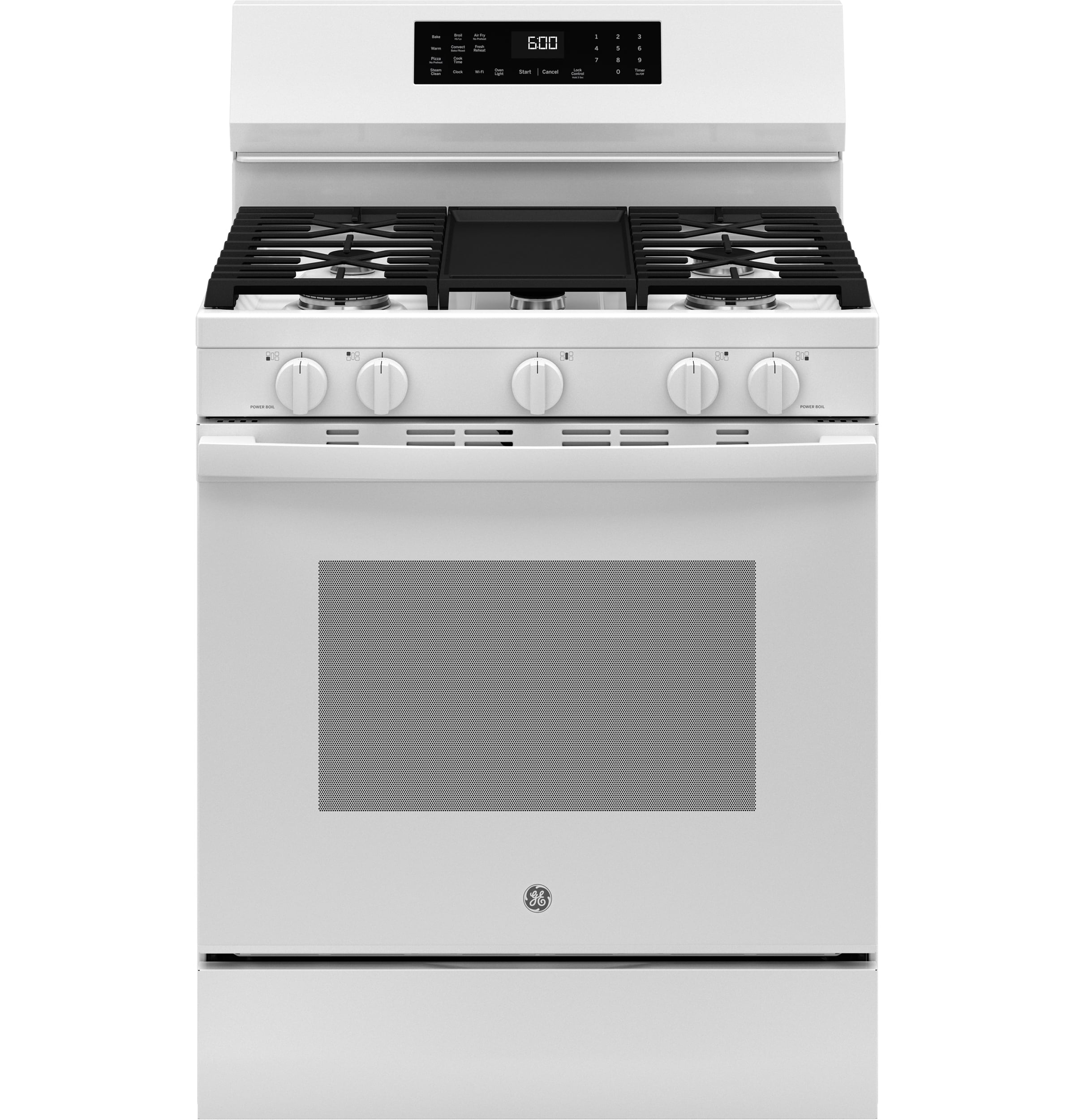 GE 30-in 5 burners 5.3-cu ft Air Fry Convection Oven Freestanding Natural Gas Range ( White )
