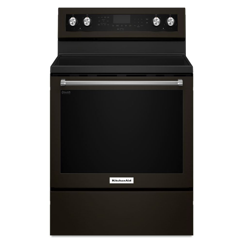KitchenAid 30-in Glass Top 5 burners 6.4-cu ft Convection Oven Freestanding Electric Range Black Stainless with PRINTSHIELD Finish )