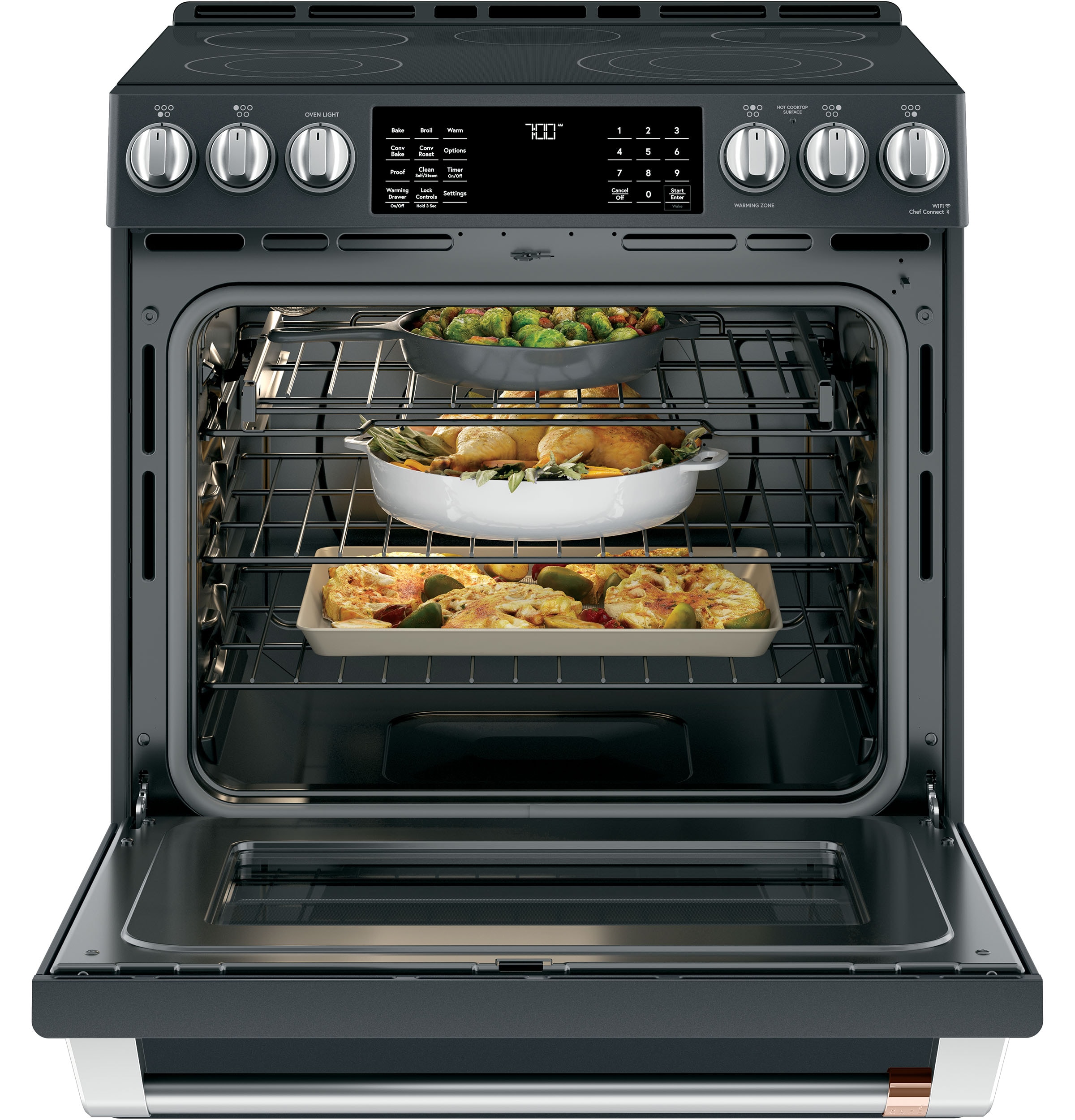 Cafe 30-in Glass Top 5 burners 5.7-cu ft Air Fry Convection Oven Slide-In Electric Range ( Matte Black )