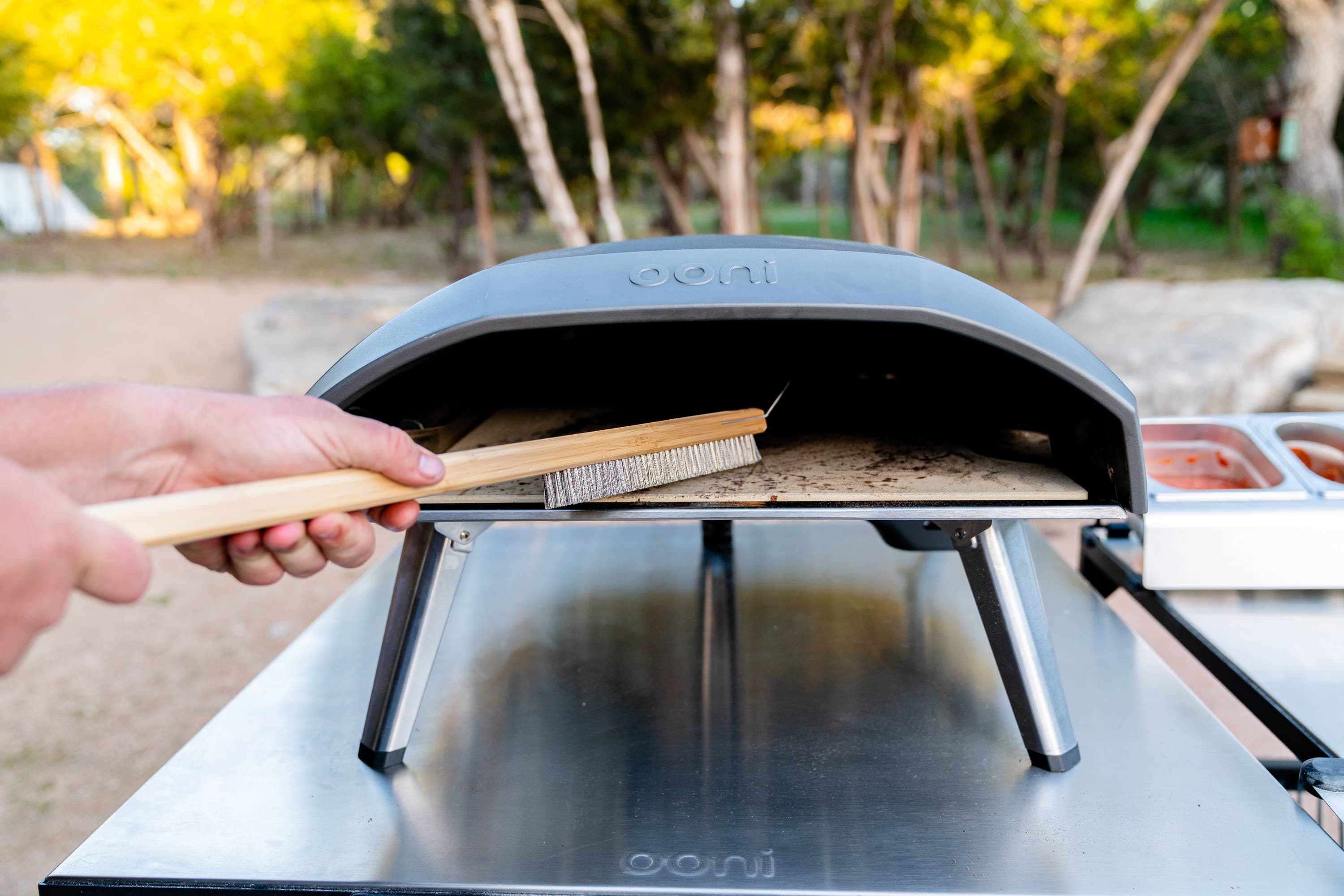 Ooni Grill brush with 23.5-in Wood Handle with Scraper Blade