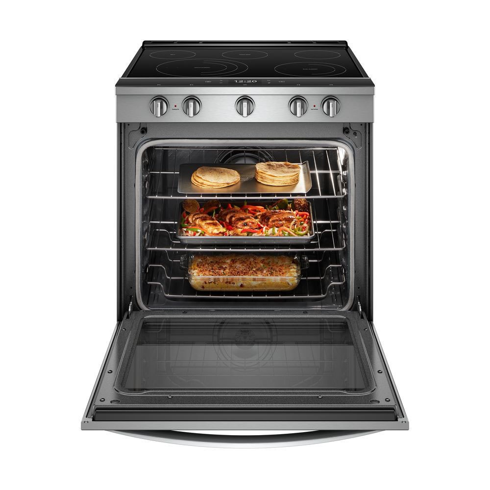 Whirlpool 30-in Glass Top 5 burners 6.4-cu ft Air Fry Convection Oven Slide-In Electric Range Fingerprint Resistant Stainless Steel )
