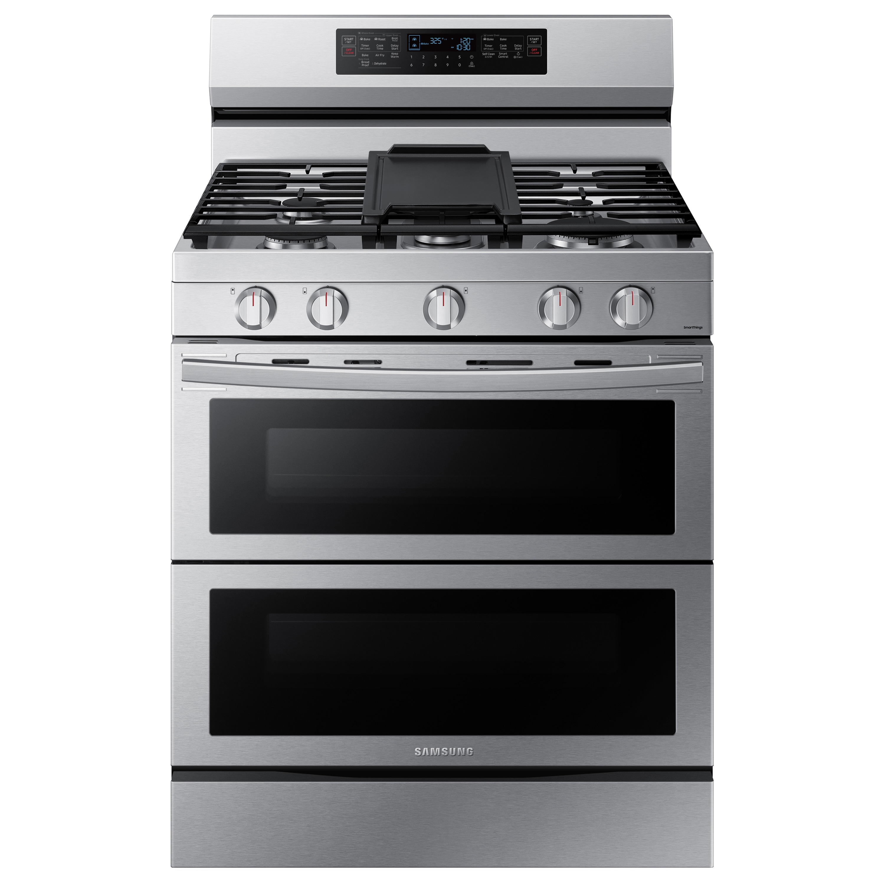 Samsung 30-in 5 burners 3.4-cu ft / 2.5-cu ft Air Fry Convection Oven Freestanding Double Oven Gas Range ( Fingerprint Resistant Stainless Steel )