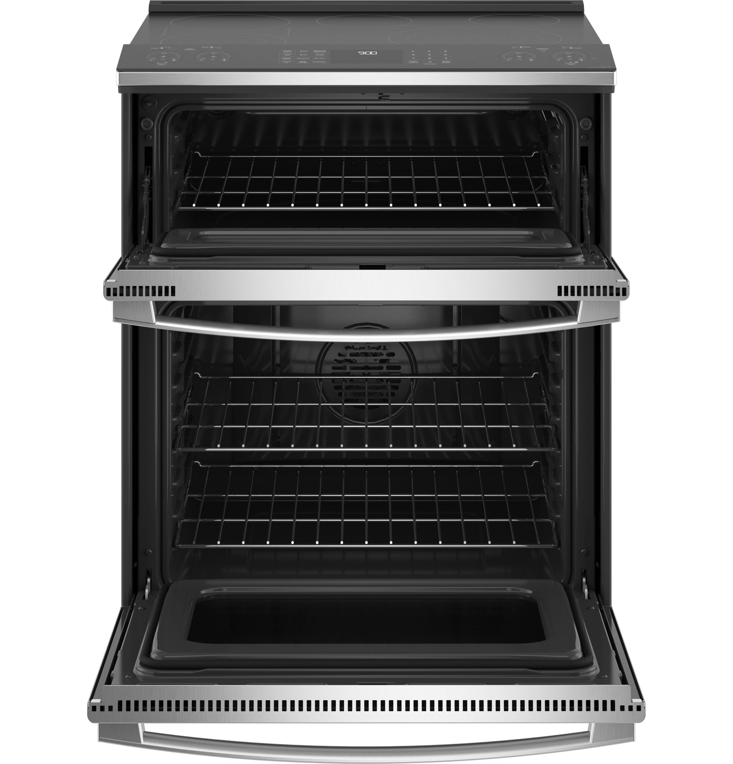 GE Profile 30-in Glass Top 5 burners 4.4-cu ft / 2.2-cu ft Air Fry Convection Oven Slide-In Double Oven Electric Range ( Stainless Steel )