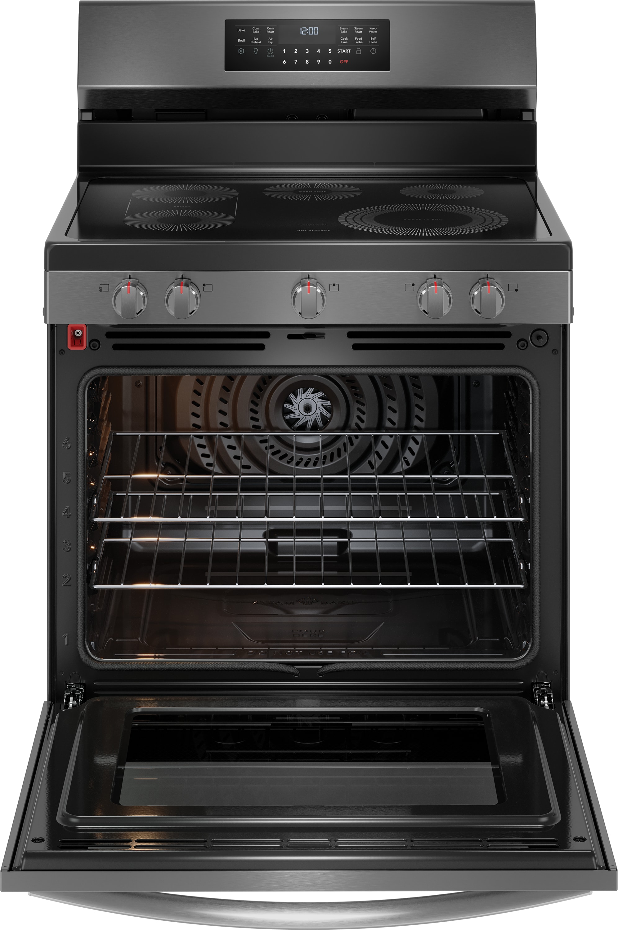 Frigidaire Gallery 30-in Glass Top 5 burners 5.3-cu ft Air Fry Convection Oven Freestanding Electric Range Smudge-Proof Black Stainless Steel )