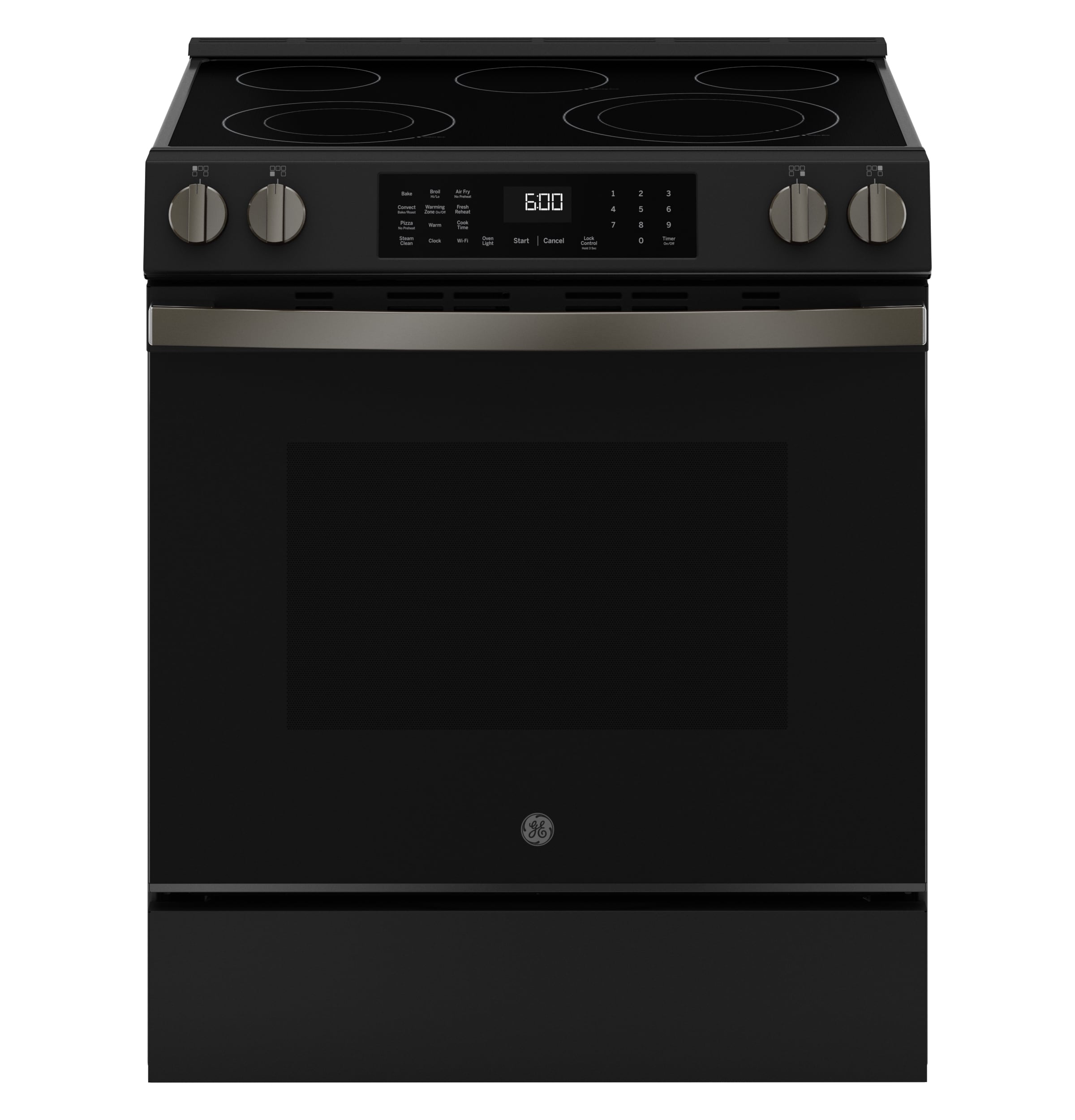 GE EasyWash Oven Tray 30-in Glass Top 5 burners 5.3-cu ft Air Fry Convection Oven Slide-In Electric Range ( Black Slate )