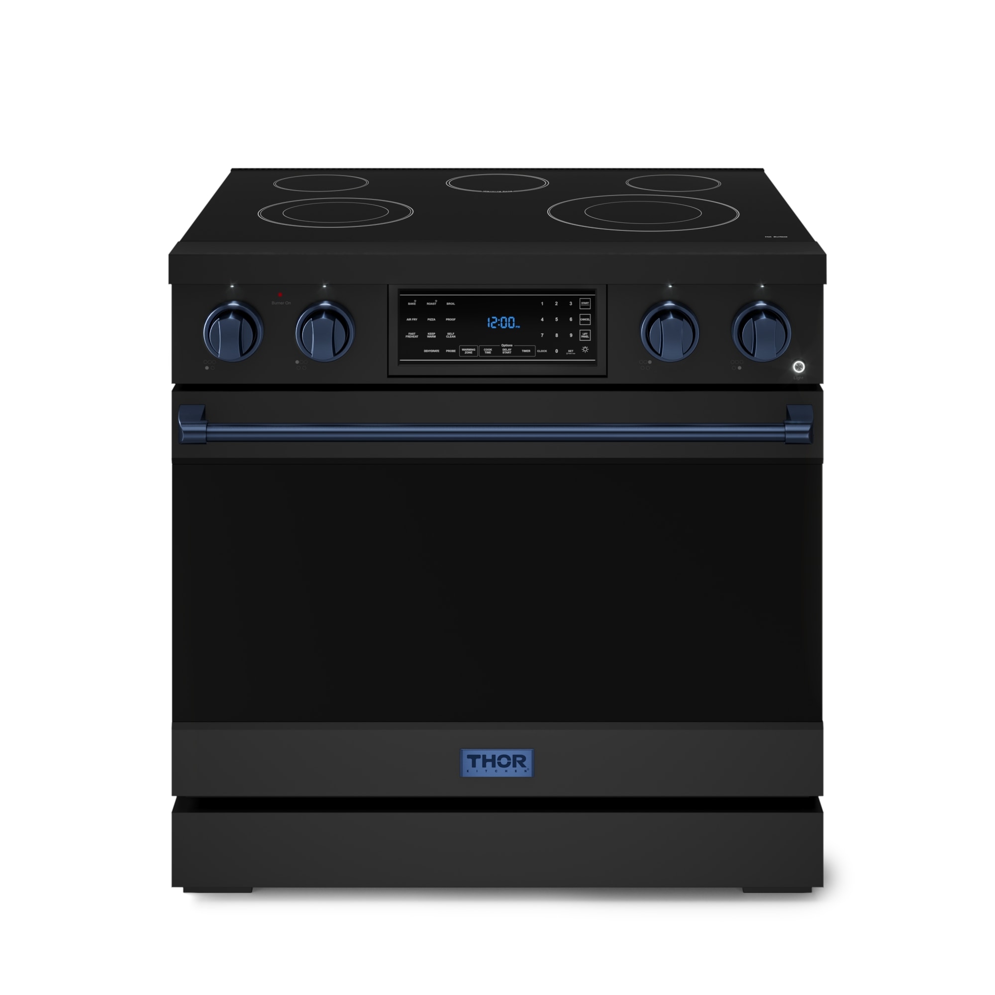 Thor Kitchen Gordon Ramsay Series 36-in Glass Top 5 burners 6-cu ft Air Fry Convection Oven Freestanding Electric Range ( Matte Black with Navy Blue Accents )