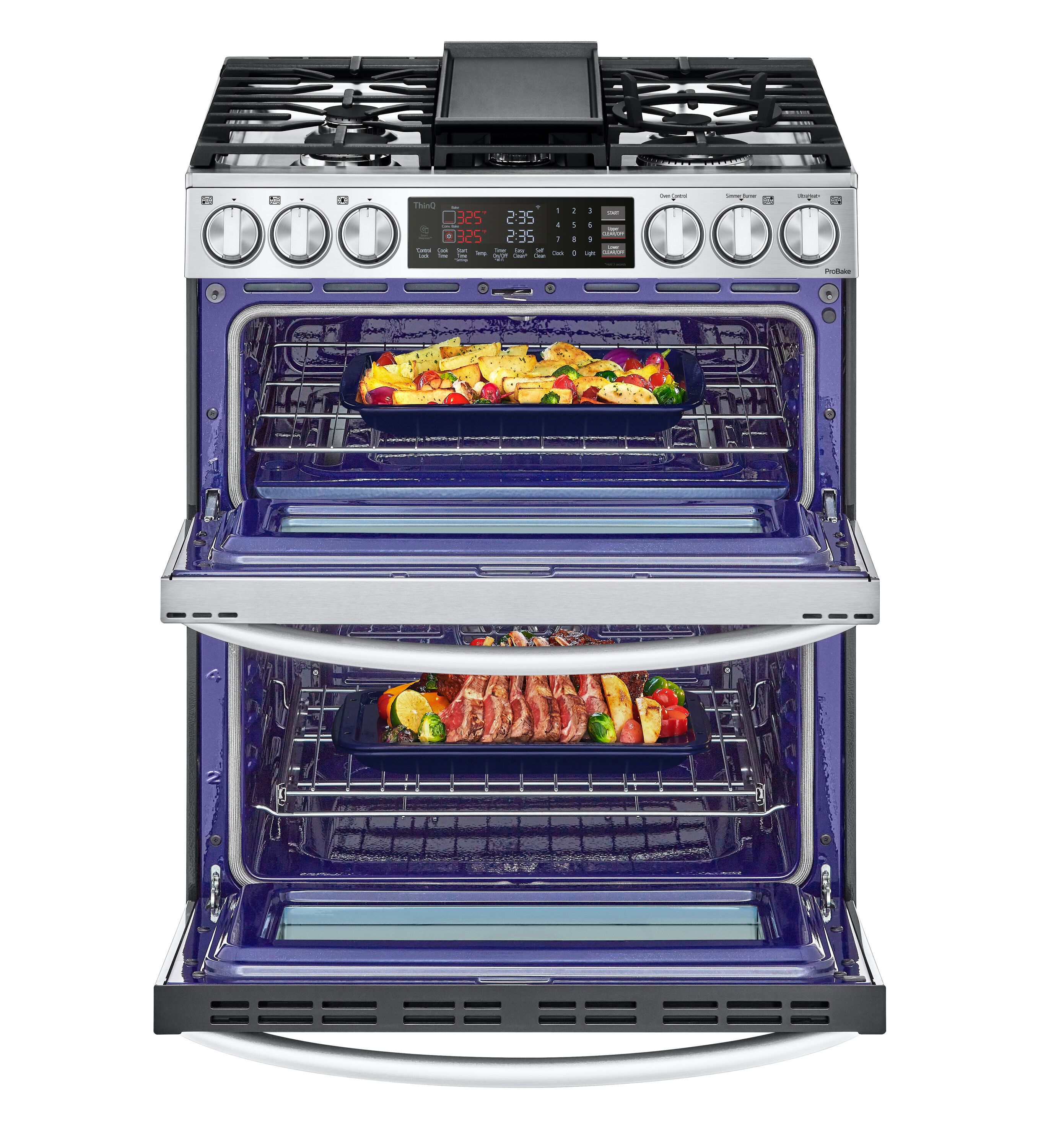 LG 30-in 5 burners 2.6-cu ft / 4.3-cu ft Air Fry Convection Oven Freestanding Double Oven Gas Range ( PrintProof Stainless Steel )