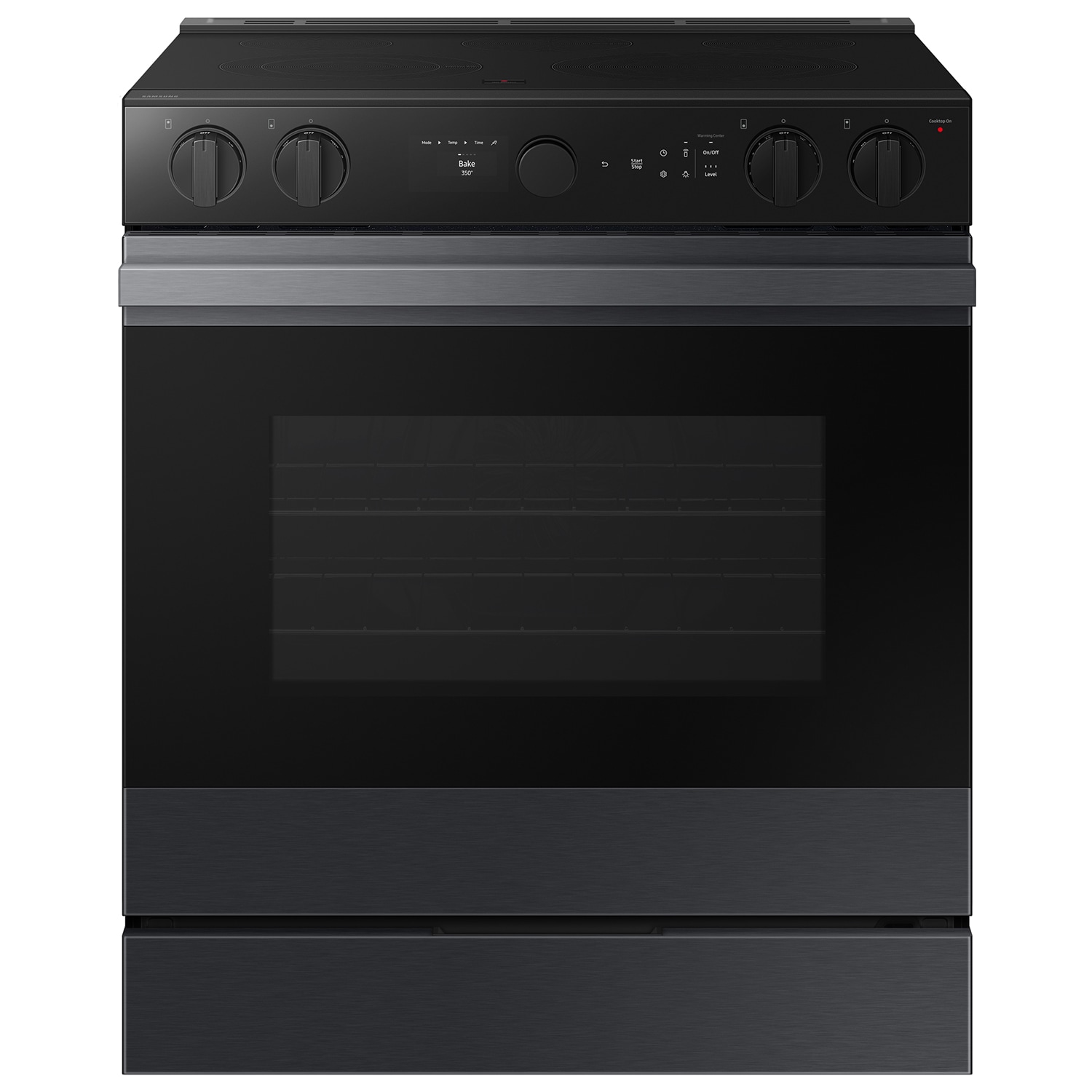 Samsung 30-in Glass Top 5 burners 6.3-cu ft Air Fry Convection Oven Slide-In Electric Range ( Matte Black Steel )
