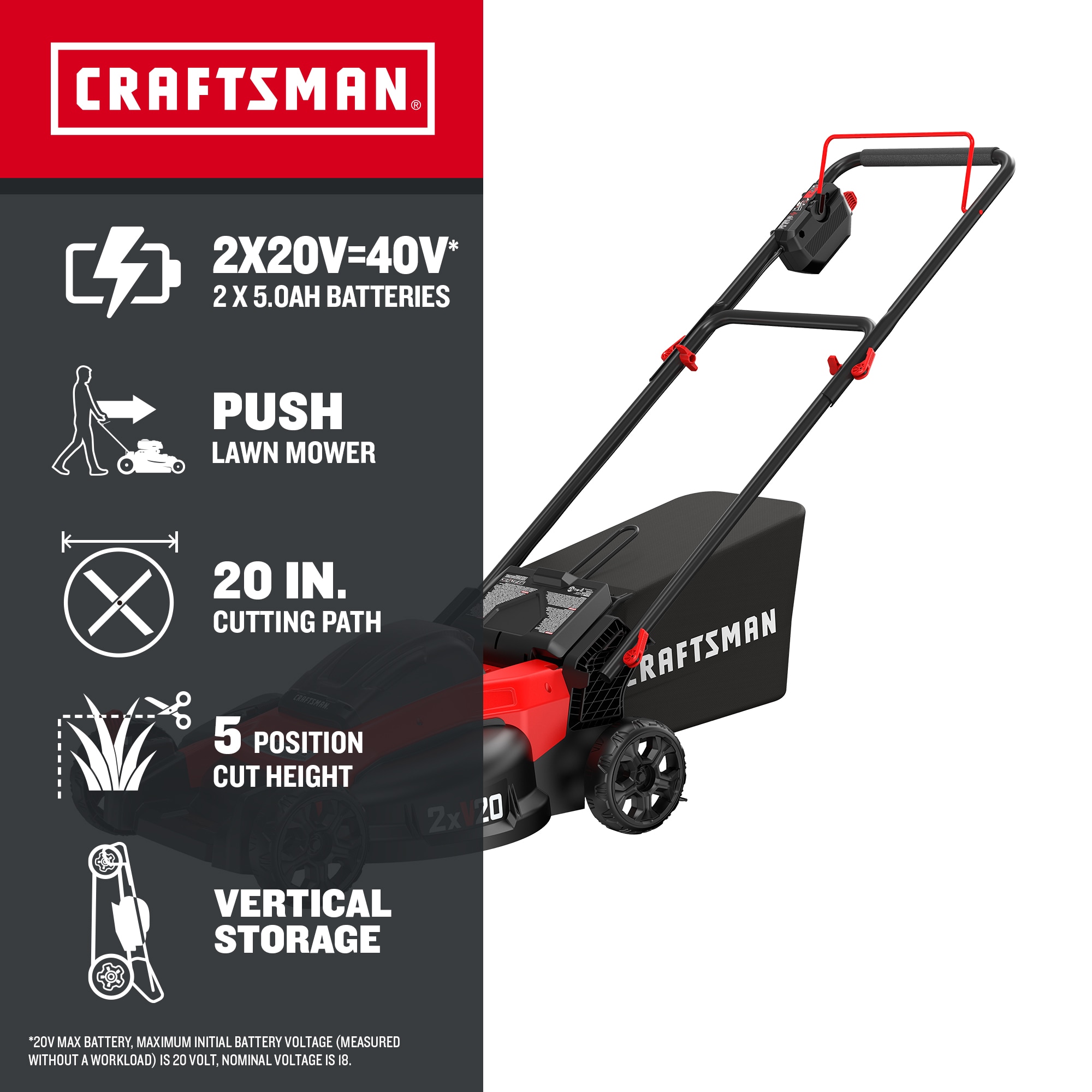 CRAFTSMAN V20 20-volt, 20-in Push Battery Walk Mower with (2) 5 Ah Battery Included