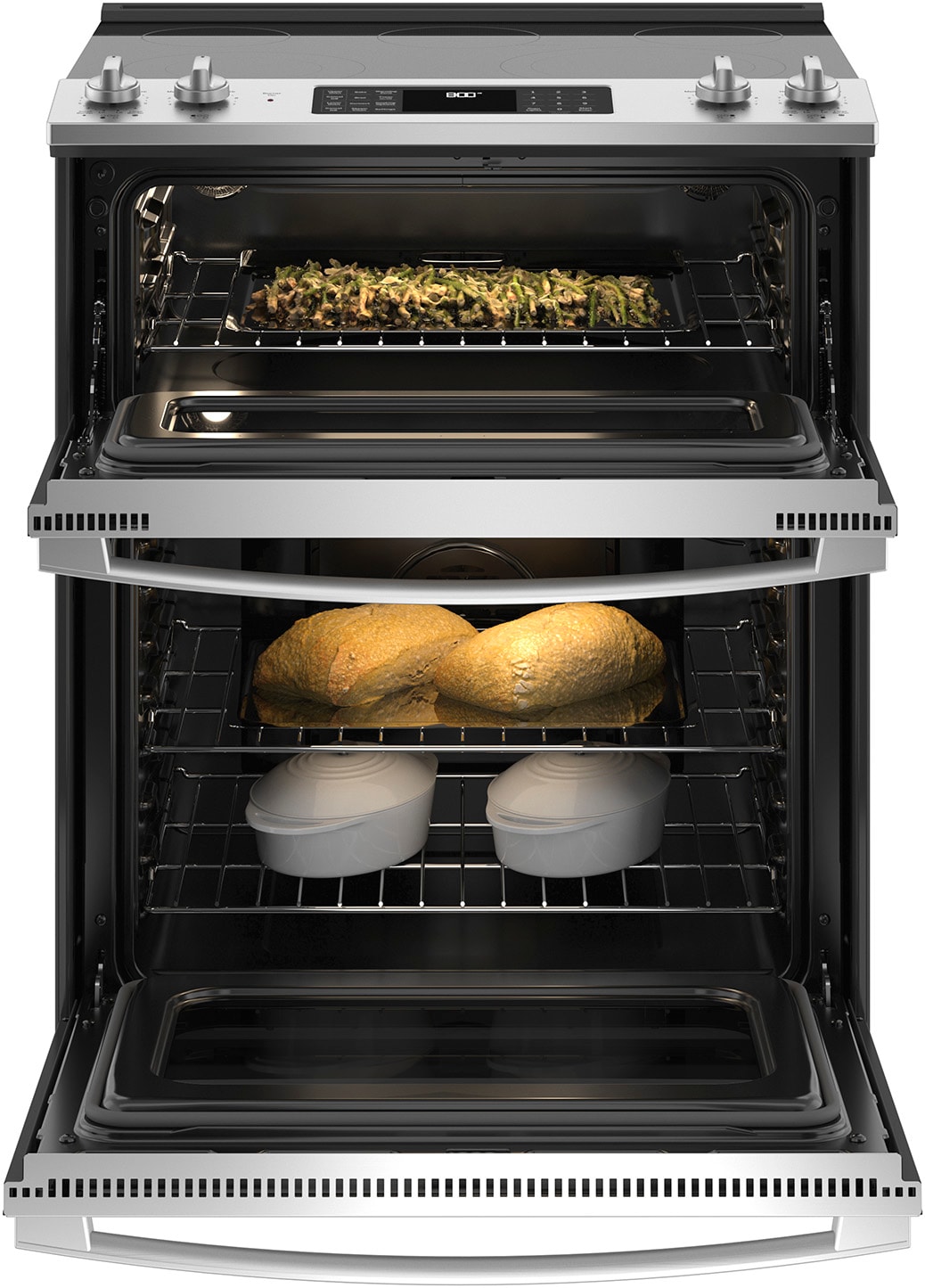 GE 30-in Glass Top 5 burners 4.4-cu ft / 2.2-cu ft Air Fry Convection Oven Slide-In Double Oven Electric Range ( Stainless Steel )
