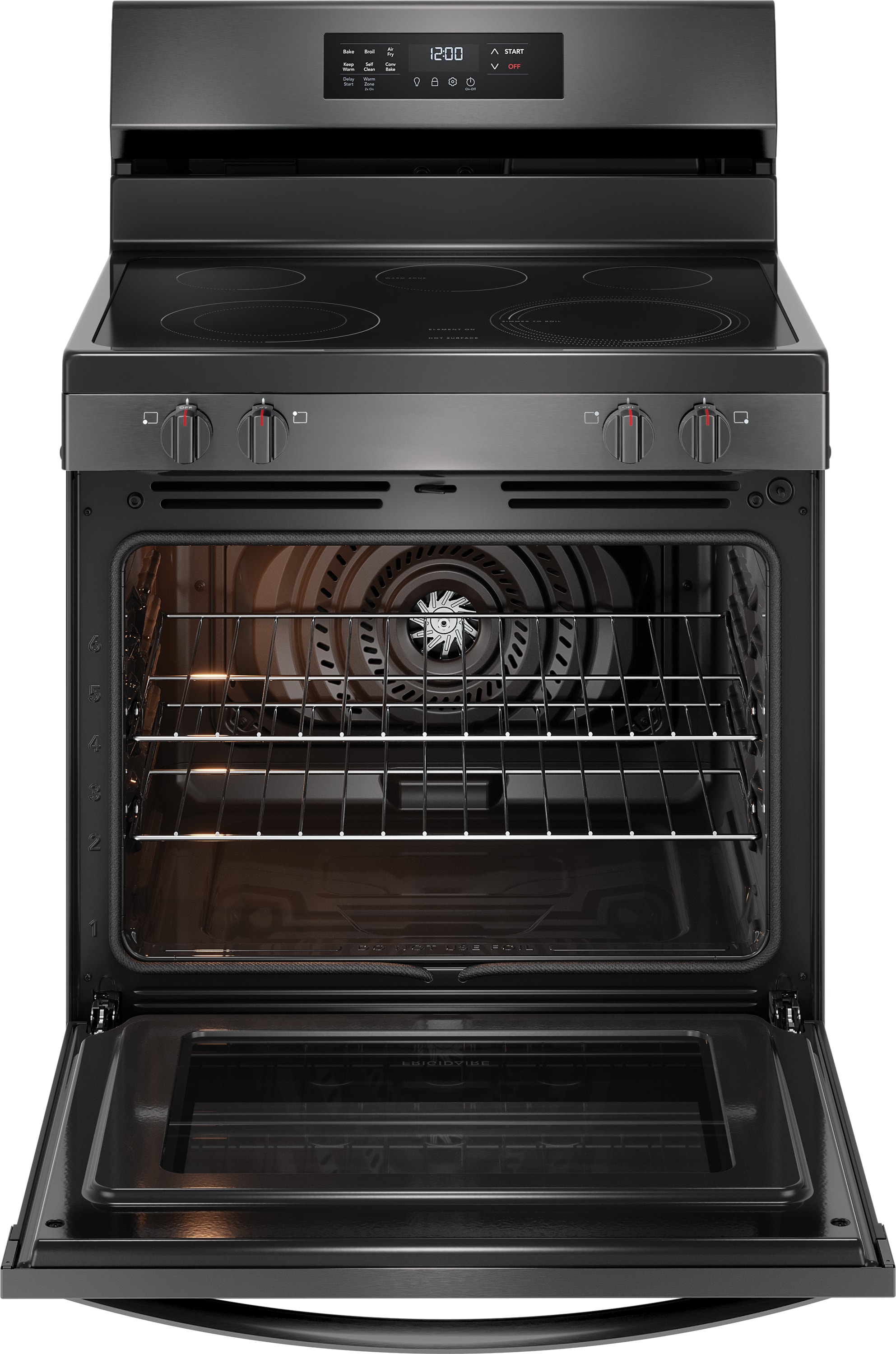 Frigidaire 30-in Glass Top 5 burners 5.3-cu ft Air Fry Convection Oven Freestanding Electric Range Black Stainless Steel )