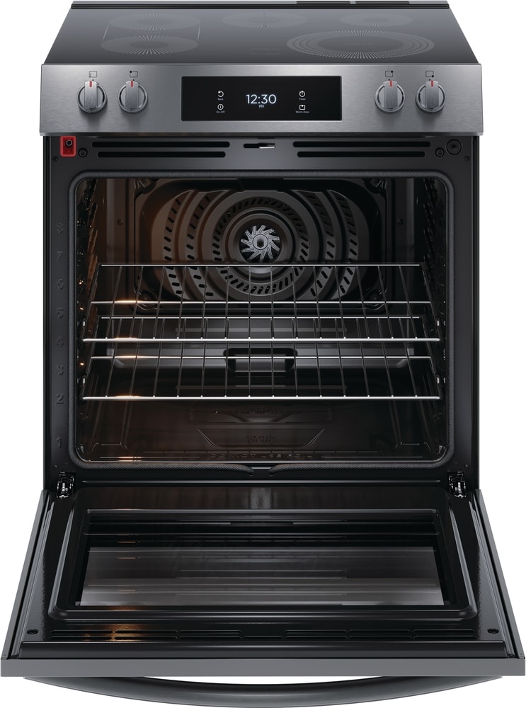 Frigidaire Gallery 30-in Glass Top 5 burners 6.2-cu ft Air Fry Convection Oven Slide-In Electric Range Smudge-Proof Black Stainless Steel )
