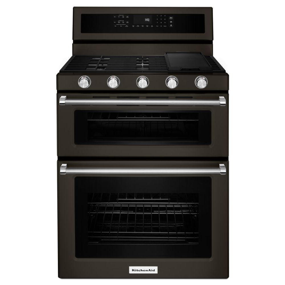 KitchenAid 30-Inches 5 burners 3.9-Cu. Feet / 2.1-Cu. Feet Convection Oven Freestanding Double Oven Gas Range ( Black Stainless with PRINTSHIELD Finish )
