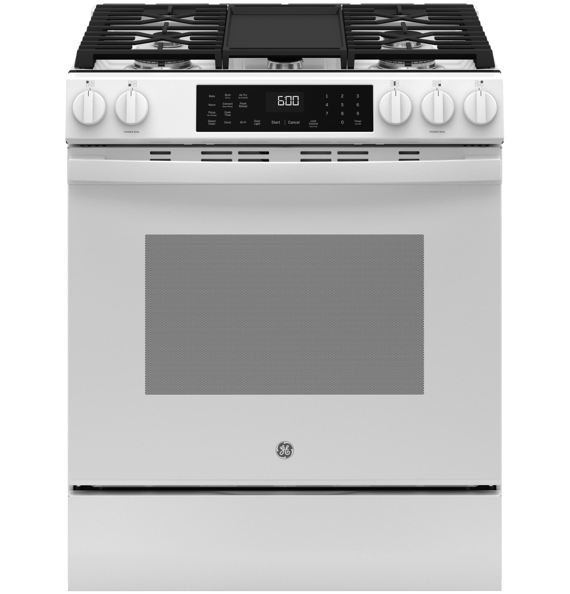 GE EasyWash Oven Tray 30-in 5 burners 5.3-cu ft Air Fry Convection Oven Slide-In Natural Gas Range ( White )