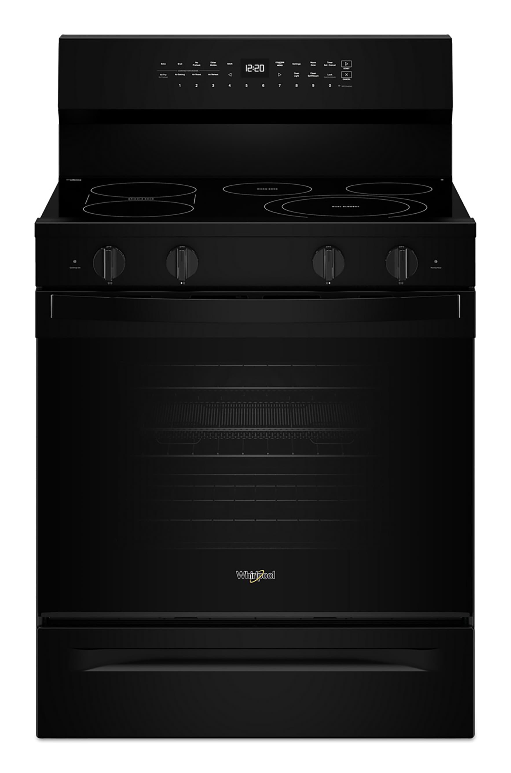 Whirlpool High Speed Preheat 30-in Glass Top 5 burners 5.3-cu ft Convection Oven Freestanding Electric Range with WipeClean Coating ( Black )