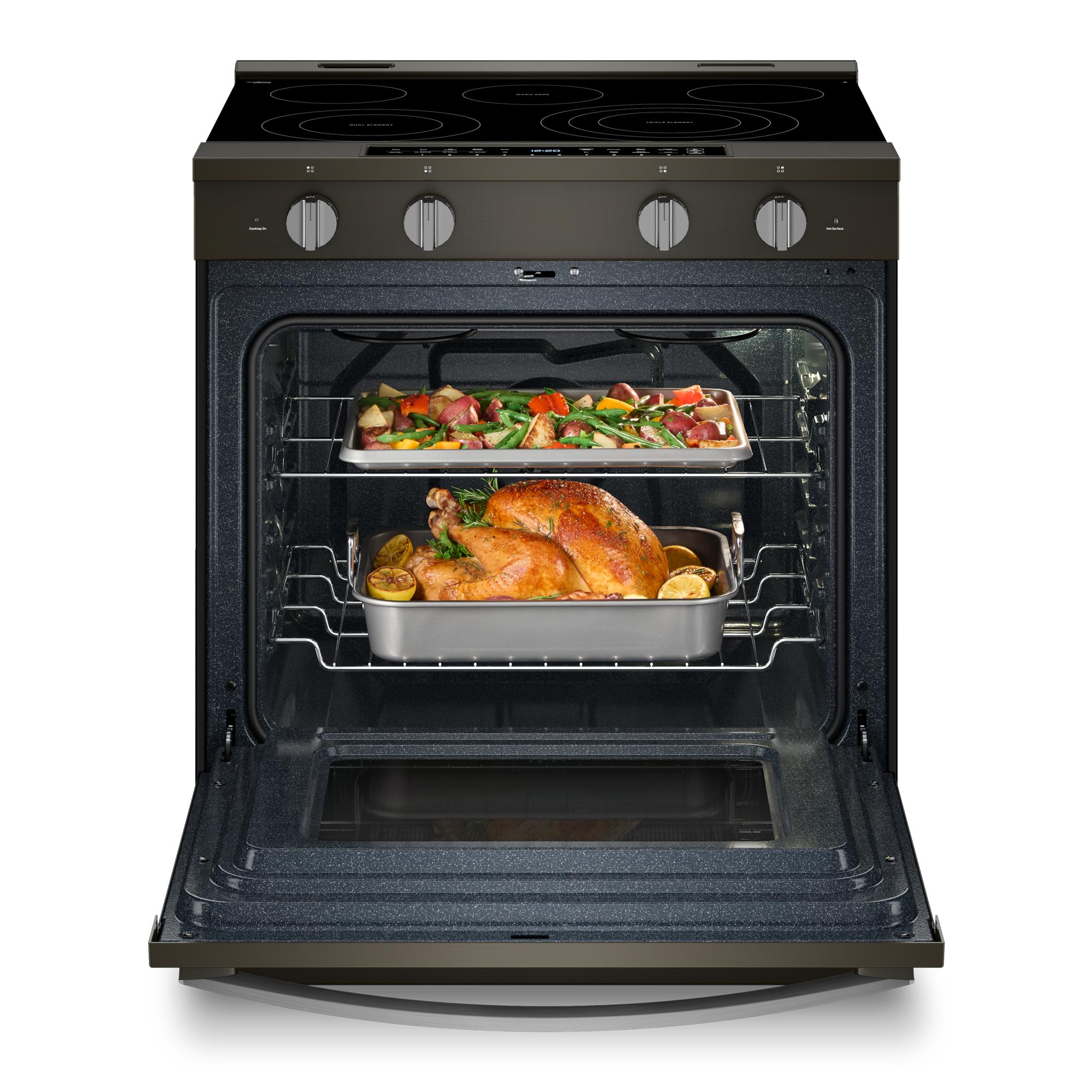 Whirlpool 30-in Glass Top 5 burners 5.3-cu ft Air Fry Convection Oven Slide-In Electric Range with WipeClean Coating ( Black Stainless )