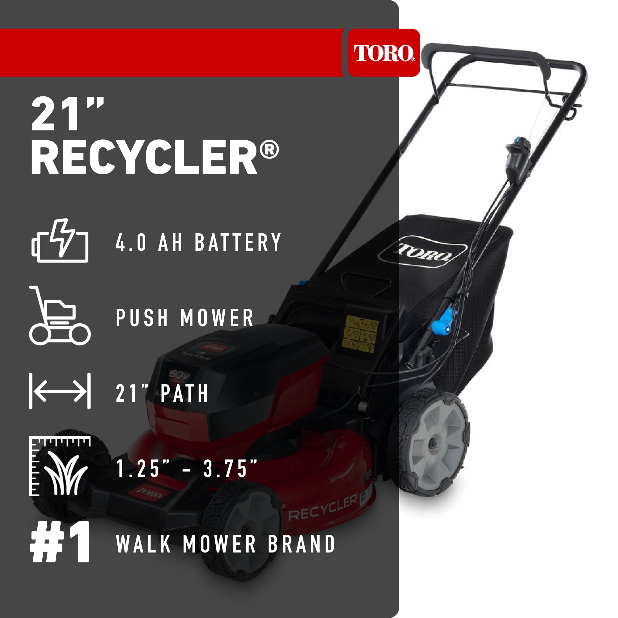 Toro Recycler 21-in 60-volt, Push Battery Walk Mower with (1) 4ah Battery Included