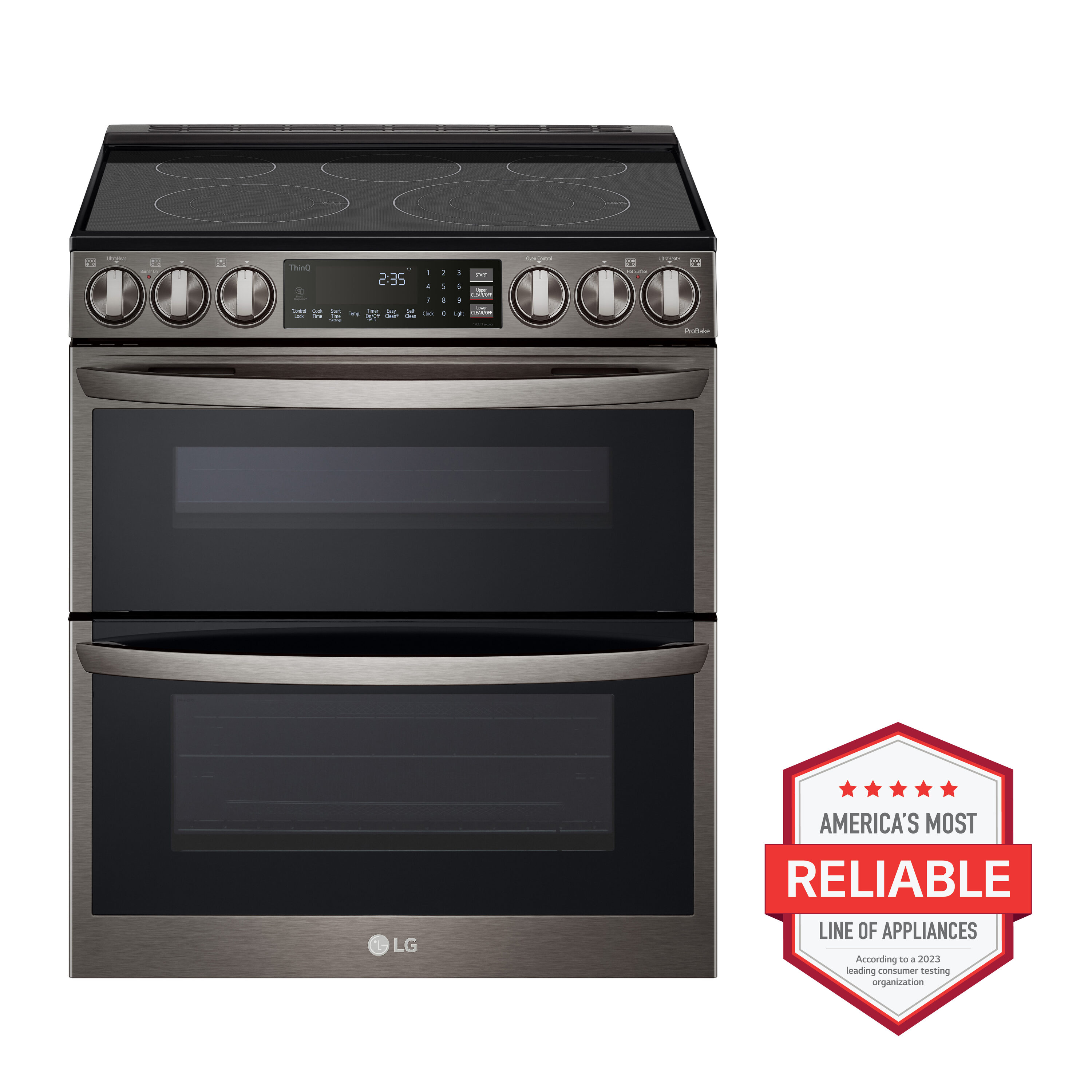 LG 30-in Glass Top 5 burners 4.3-cu ft / 3-cu ft Convection Oven Slide-In Double Oven Electric Range ( Black Stainless Steel )