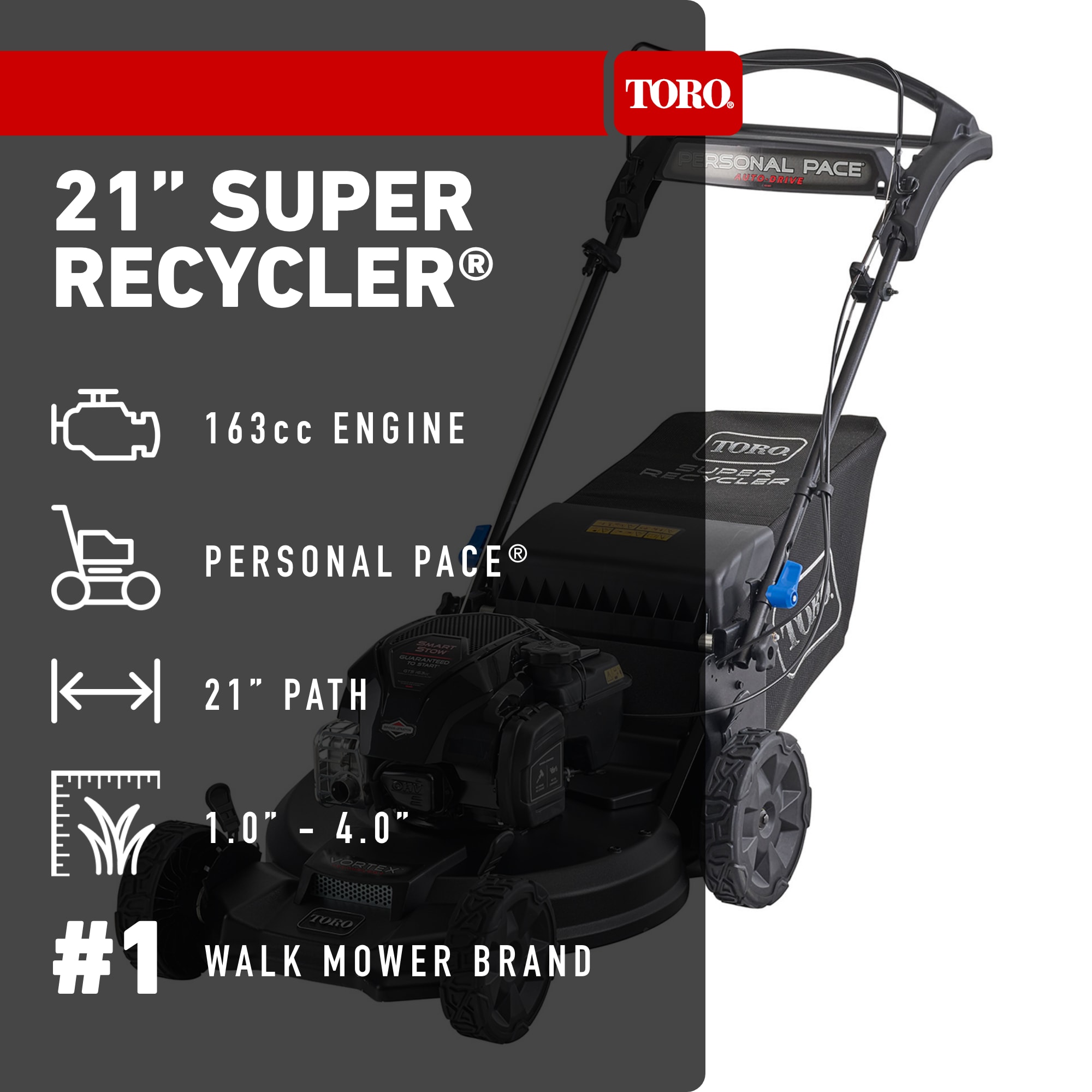 Toro Super Recycler with Personal Pace and Smart Stow 21-in Gas Self-propelled lawn mower with 163-cc Briggs and Stratton Engine
