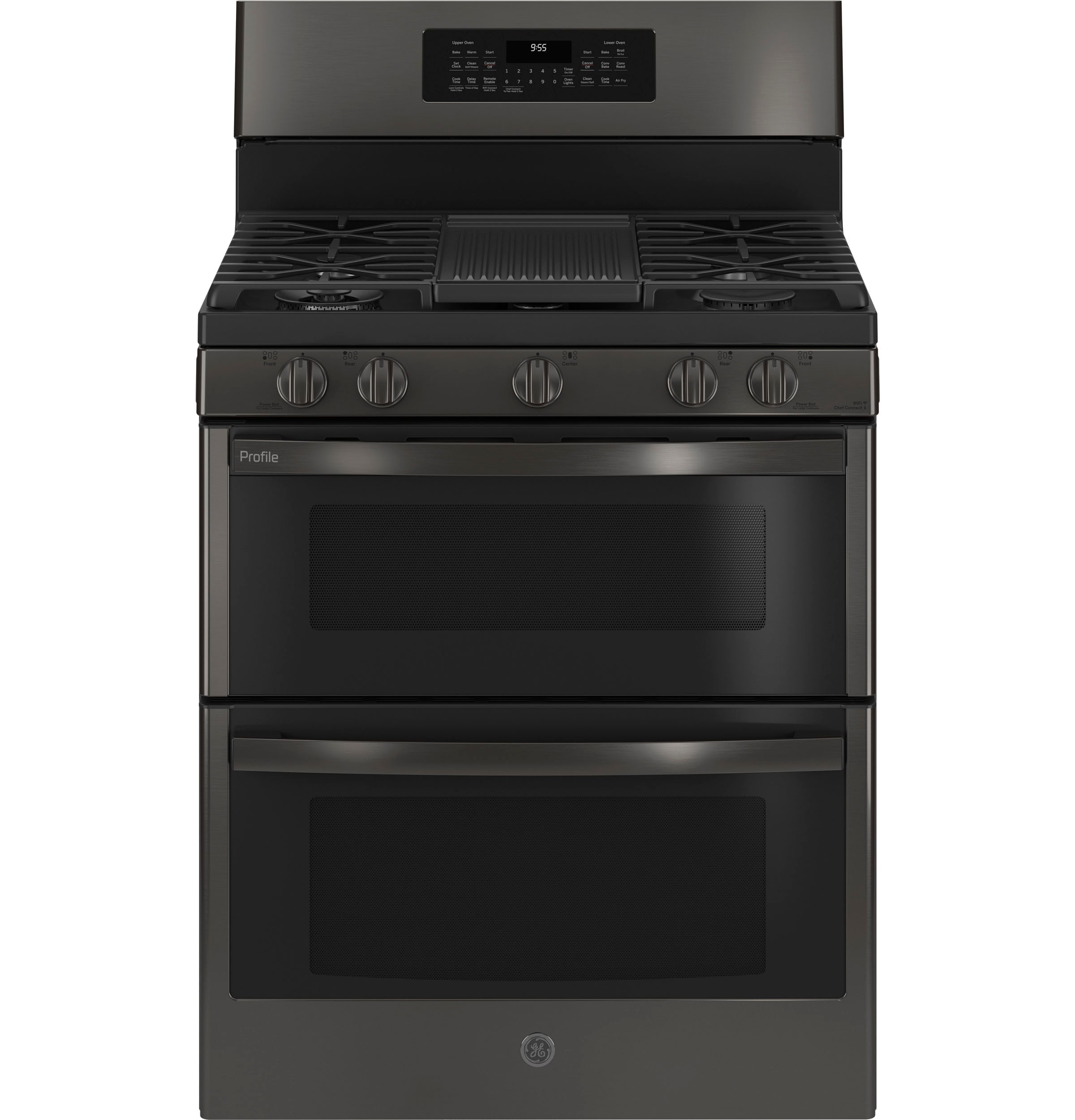 GE Profile 30-in 5 burners 4.3-cu ft / 2.5-cu ft Air Fry Convection Oven Freestanding Double Oven Gas Range ( Black Stainless )
