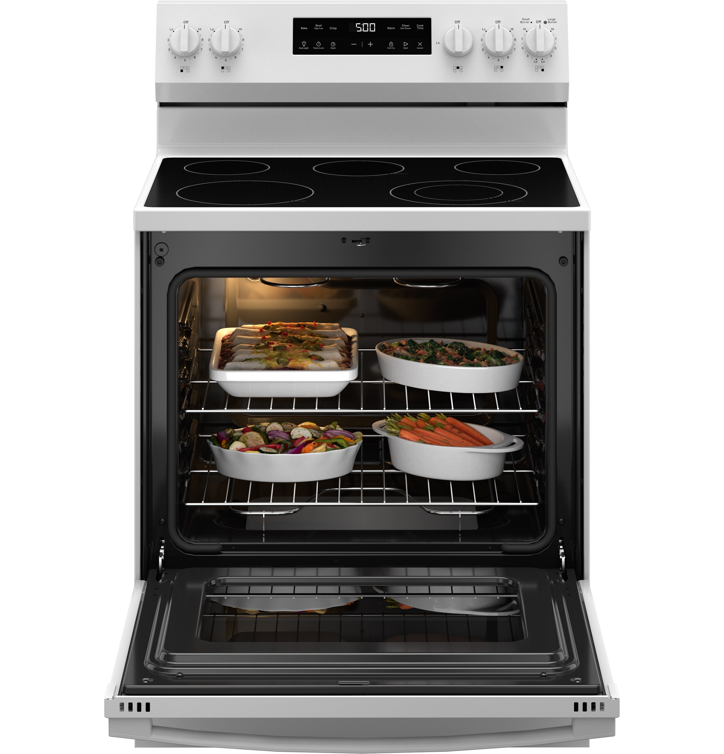 GE Crisp Mode 30-in Glass Top 5 burners 5.3-cu ft Freestanding Electric Range ( White )