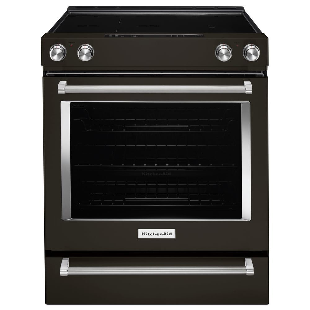 KitchenAid 30-in Glass Top 5 burners 6.4-cu ft Convection Oven Slide-In Electric Range ( Black Stainless with PRINTSHIELD Finish )