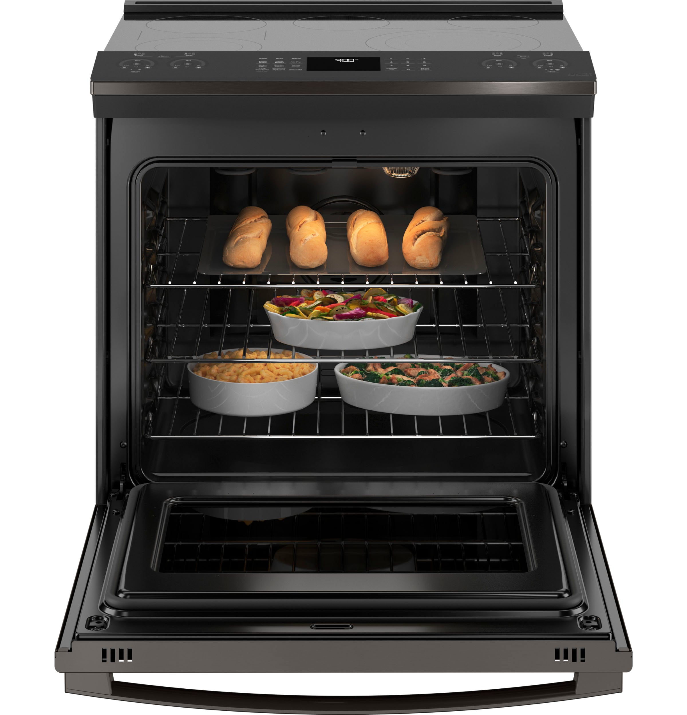 GE Profile 30-in Glass Top 5 burners 5.3-cu ft Air Fry Convection Oven Slide-In Electric Range ( Black Stainless )