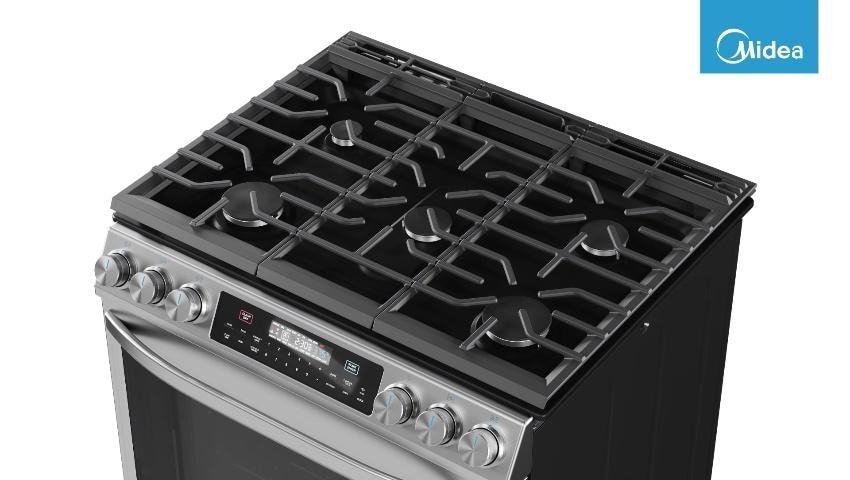 Midea 30-in 5 burners 6.1-cu ft Air Fry Slide-In Natural Gas Range ( Stainless steel )