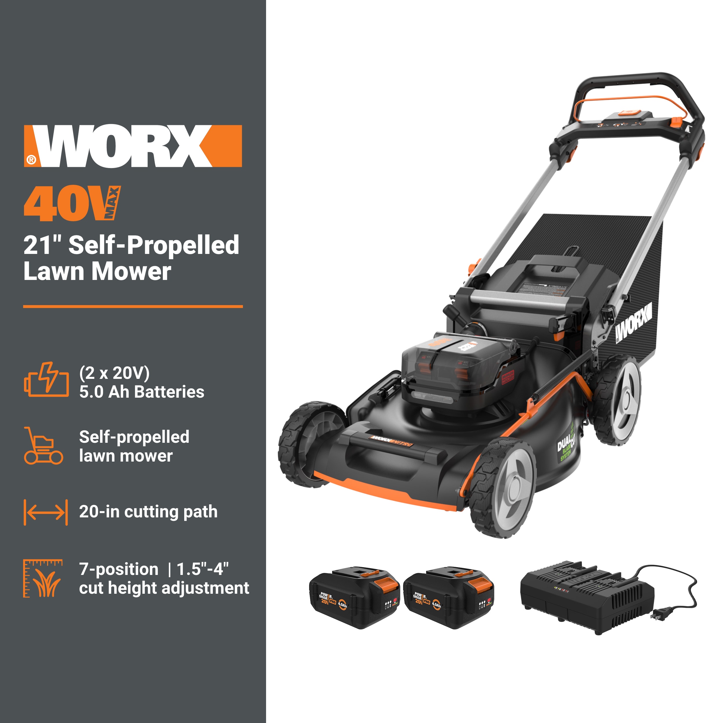 WORX Nitro Power Share 40-volt, 21-in Self Propelled Walk Mower with (2 x 20-volt) 5 Ah Batteries