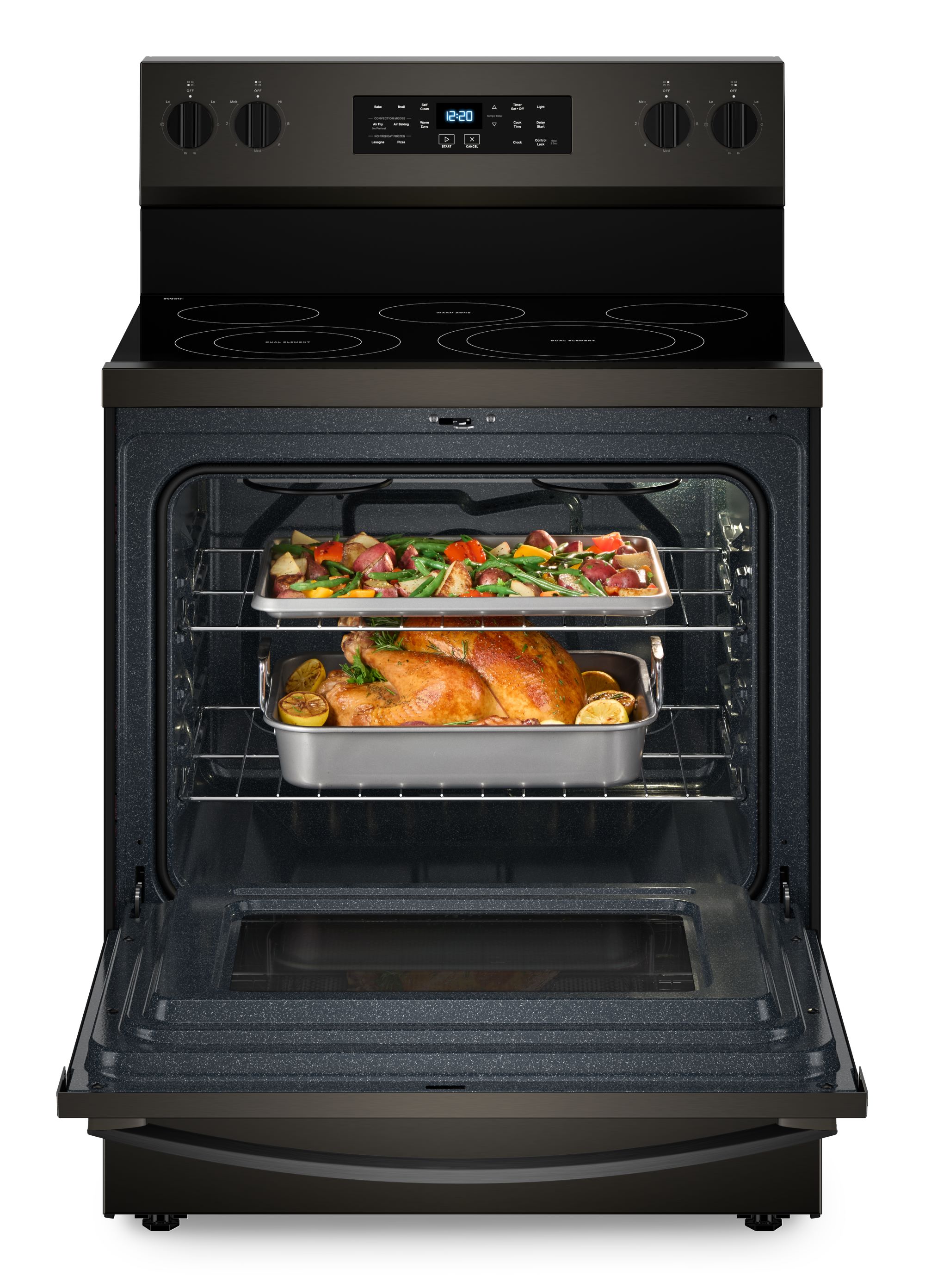 Whirlpool Air Cooking Technology 30-in Glass Top 4 burners 5.3-cu ft Air Fry Convection Oven Freestanding Electric Range ( Black Stainless Steel )