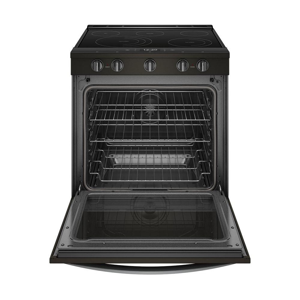 Whirlpool 30-in Glass Top 5 burners 6.4-cu ft Air Fry Convection Oven Slide-In Electric Range ( Fingerprint Resistant Black Stainless )