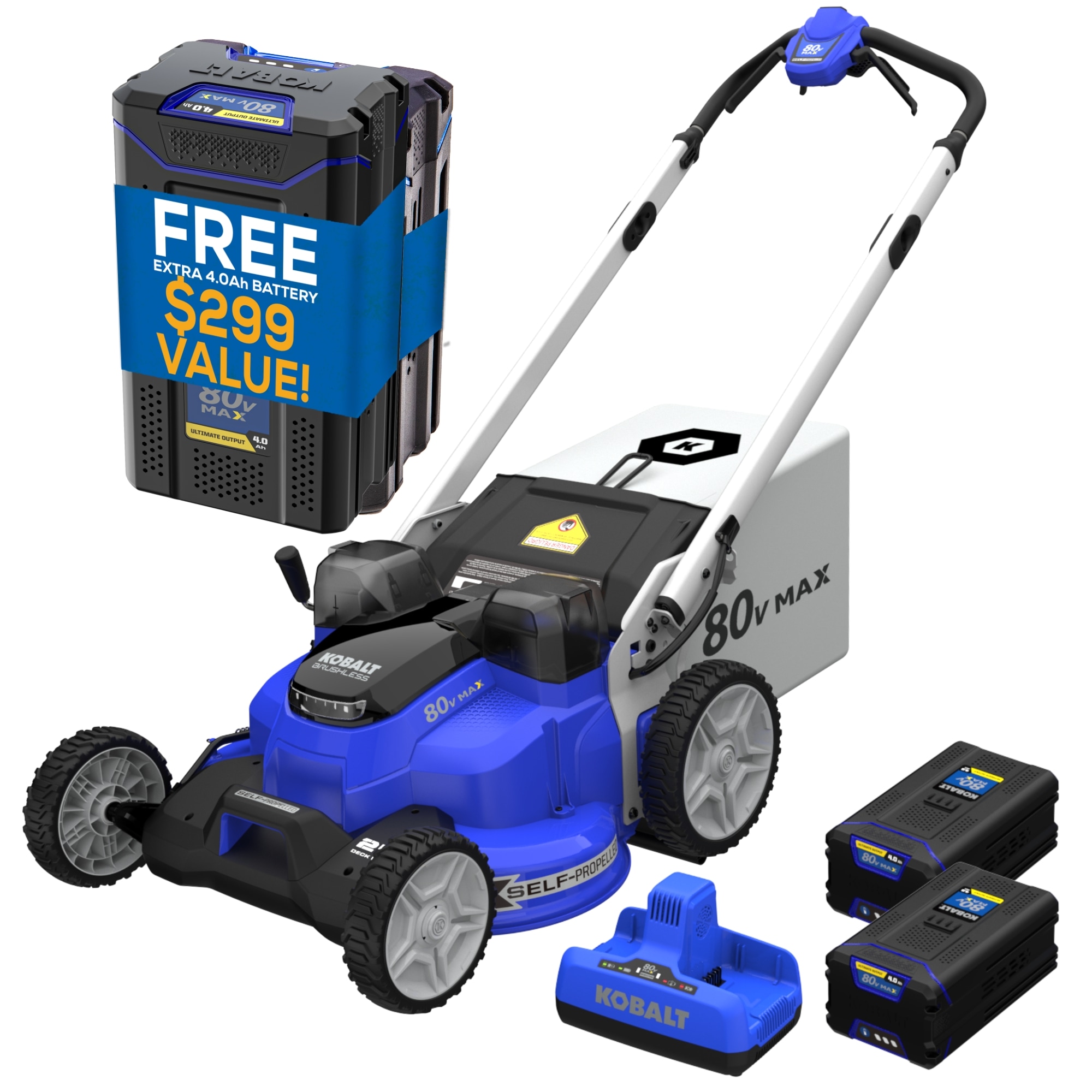 Kobalt Dual Port 80-Volt 25-in Self-propelled Battery Lawn Mower, (3) 4 Ah Batteries and Dual Port Charger Included