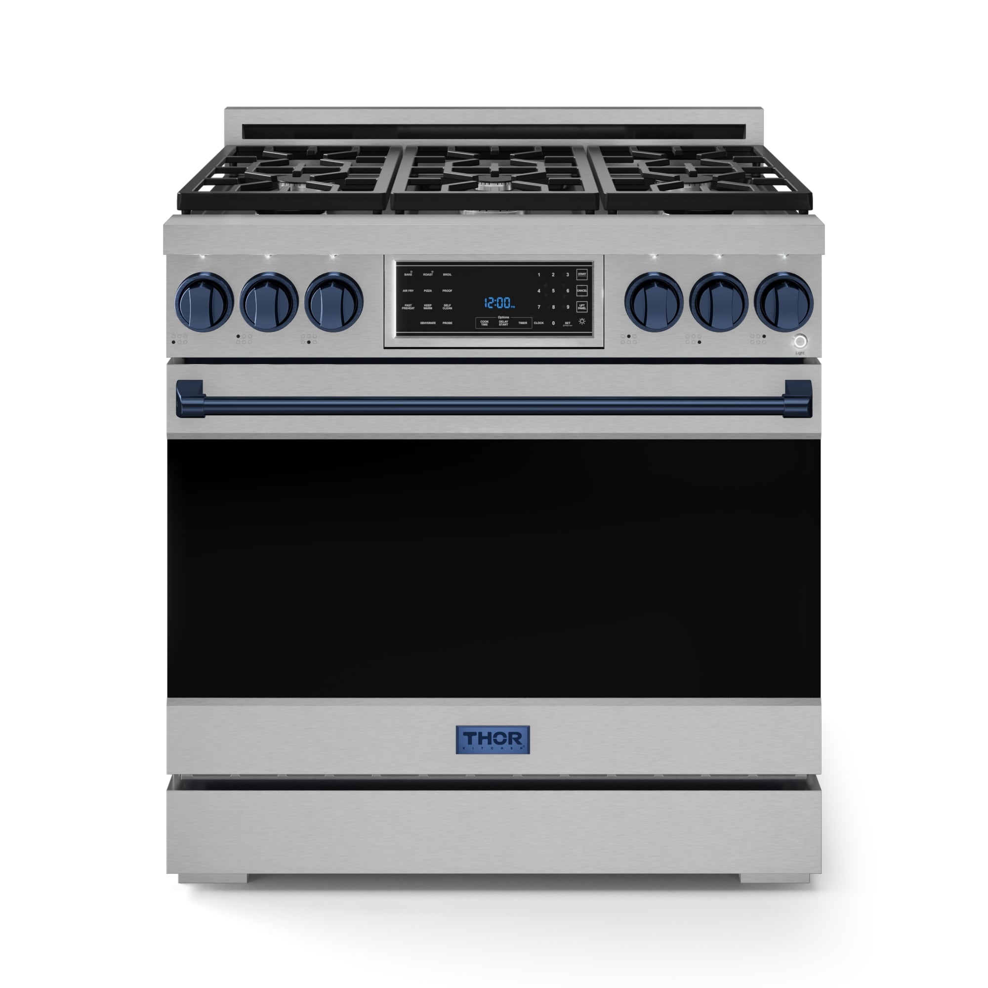 Thor Kitchen Gordon Ramsay Series 36-in 6 burners 6-cu ft Air Fry Convection Oven Freestanding Liquid Propane Gas Range ( Stainless Steel with Navy Blue Accents )